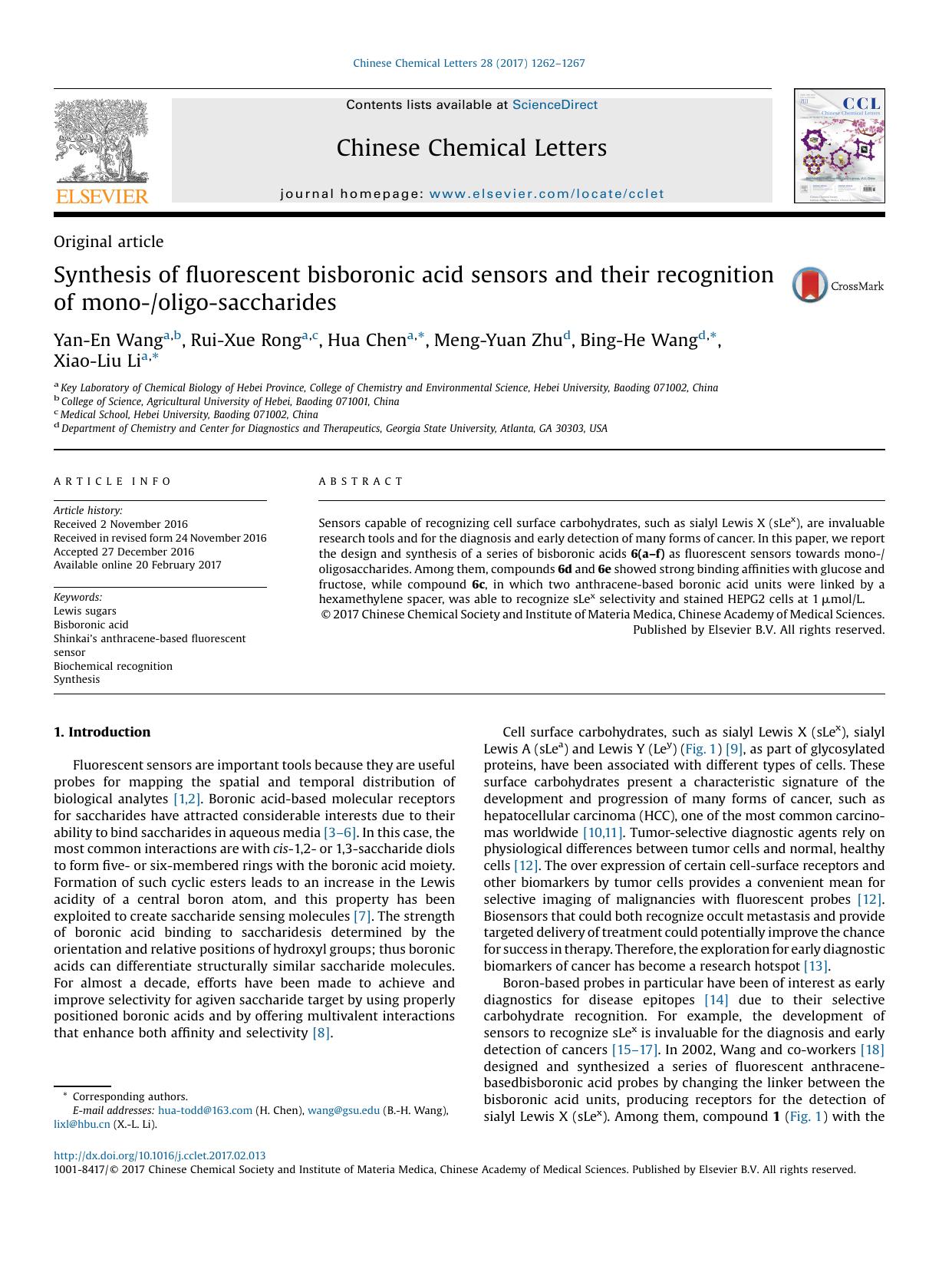 Synthesis of fluorescent bisboronic acid sensors and their recognition of mono-oligo-saccharides by Yan-En Wang & Rui-Xue Rong & Hua Chen & Meng-Yuan Zhu & Bing-He Wang & Xiao-Liu Li
