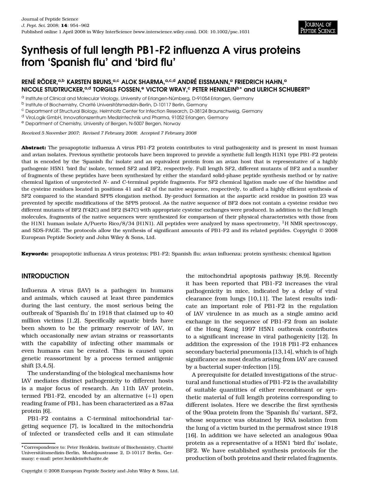 Synthesis of full length PB1-F2 influenza A virus proteins from `Spanish flu' and `bird flu' by Unknown