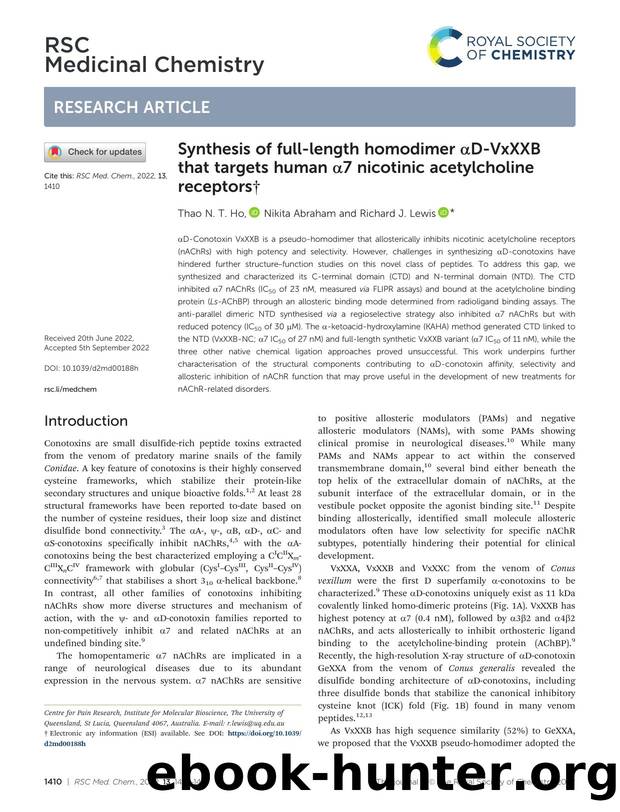 Synthesis of full-length homodimer Î±D-VxXXB that targets human Î±7 nicotinic acetylcholine receptors by Thao N. T. Ho & Nikita Abraham & Richard J. Lewis