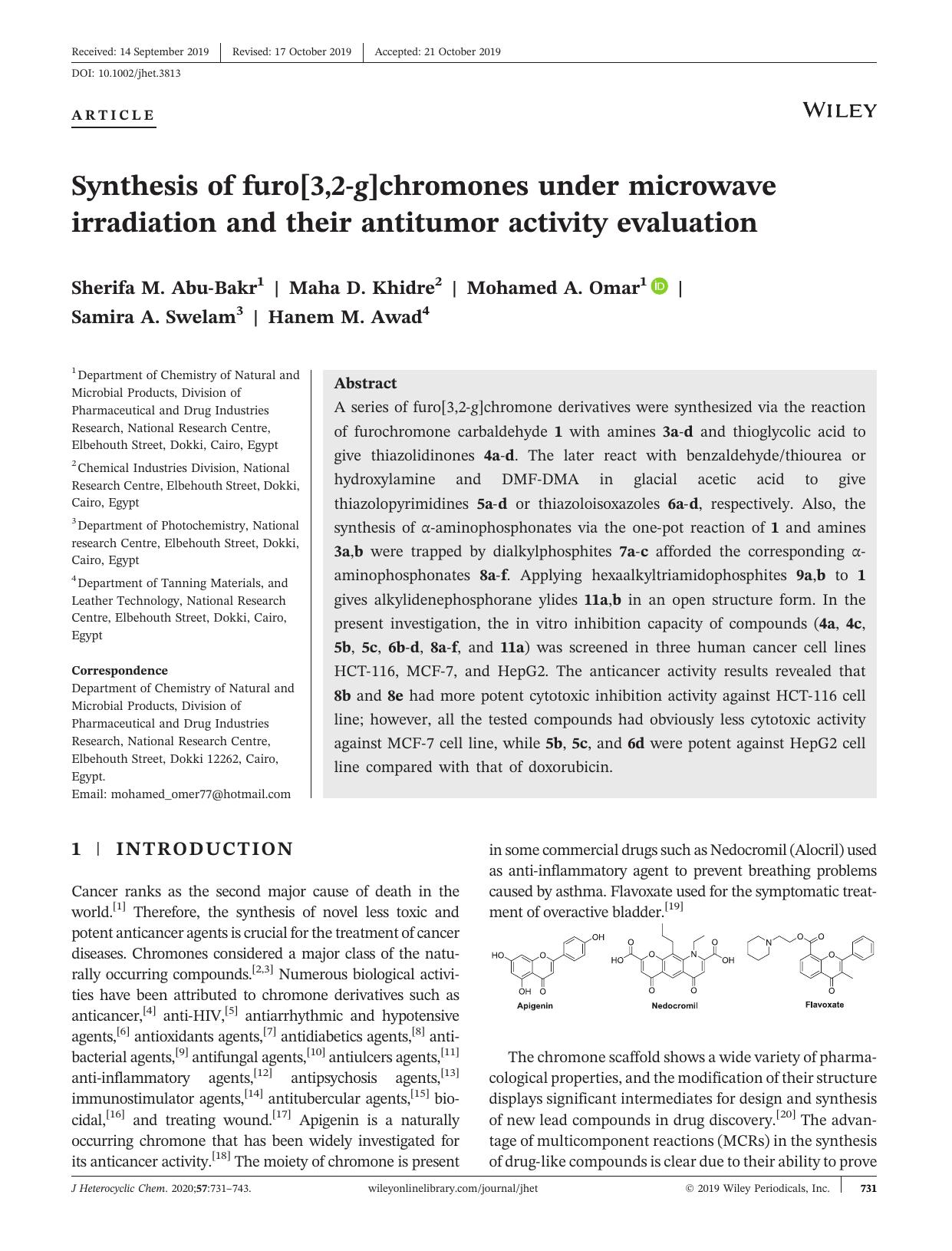 Synthesis of furo[3,2âg]chromones under microwave irradiation and their antitumor activity evaluation by Sherifa M. Abu‐Bakr Maha D. Khidre Mohamed A. Omar Samira A. Swelam Hanem M. Awad
