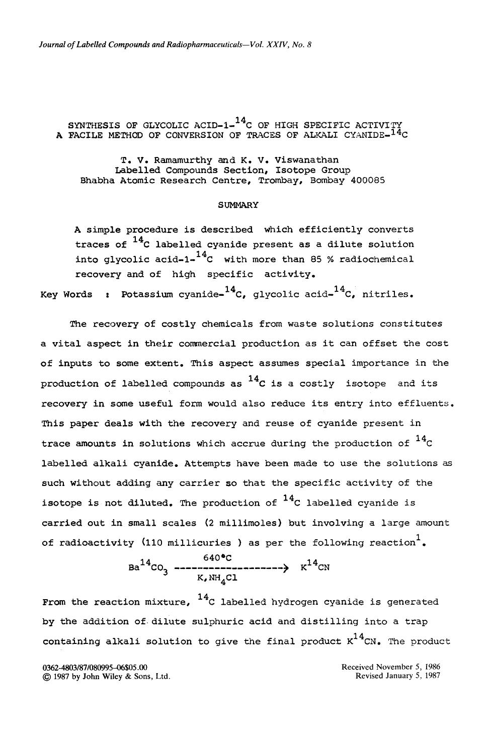 Synthesis of glycolic acid-1-14C of high specific activity a facile method of conversion of traces of alkali cyanide-14C by Unknown