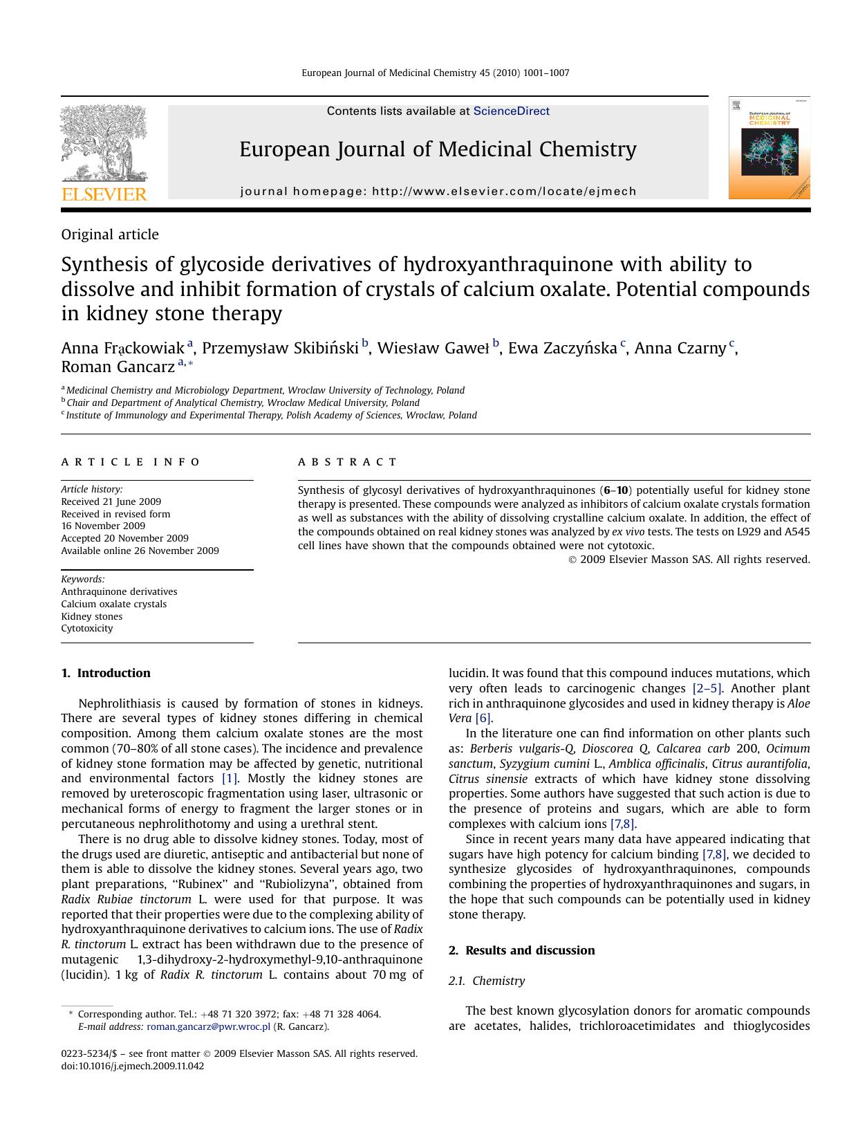 Synthesis of glycoside derivatives of hydroxyanthraquinone with ability to dissolve and inhibit formation of crystals of calcium oxalate. Potential compounds in kidney stone therapy by unknow