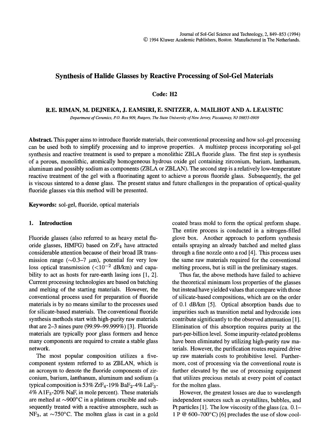 Synthesis of halide glasses by reactive processing of sol-gel materials by Unknown