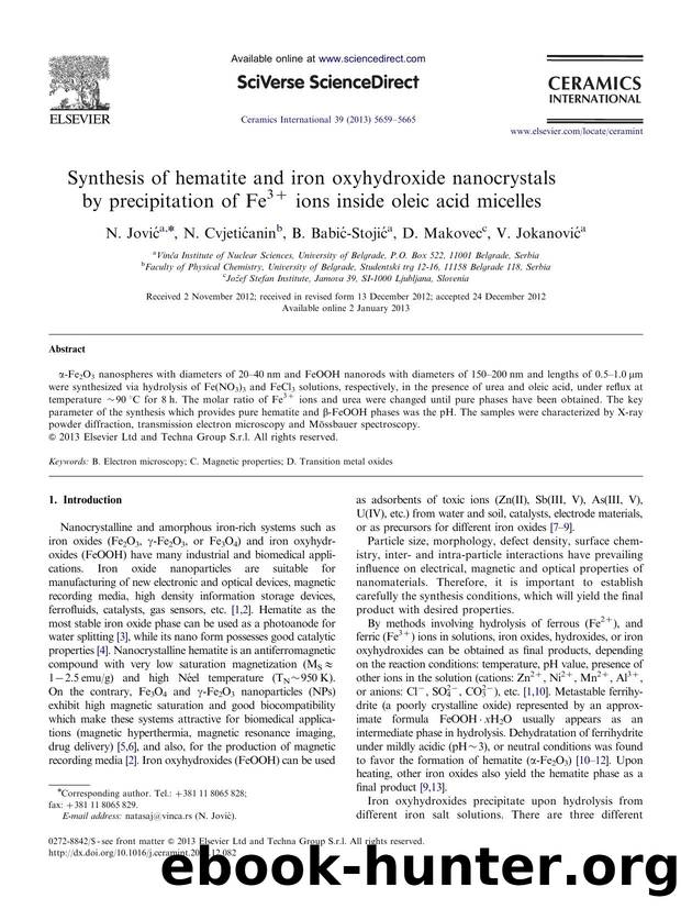 Synthesis of hematite and iron oxyhydroxide nanocrystals by precipitation of Fe3+ ions inside oleic acid micelles by N. Jović & N. Cvjetićanin & B. Babić-Stojić & D. Makovec & V. Jokanović