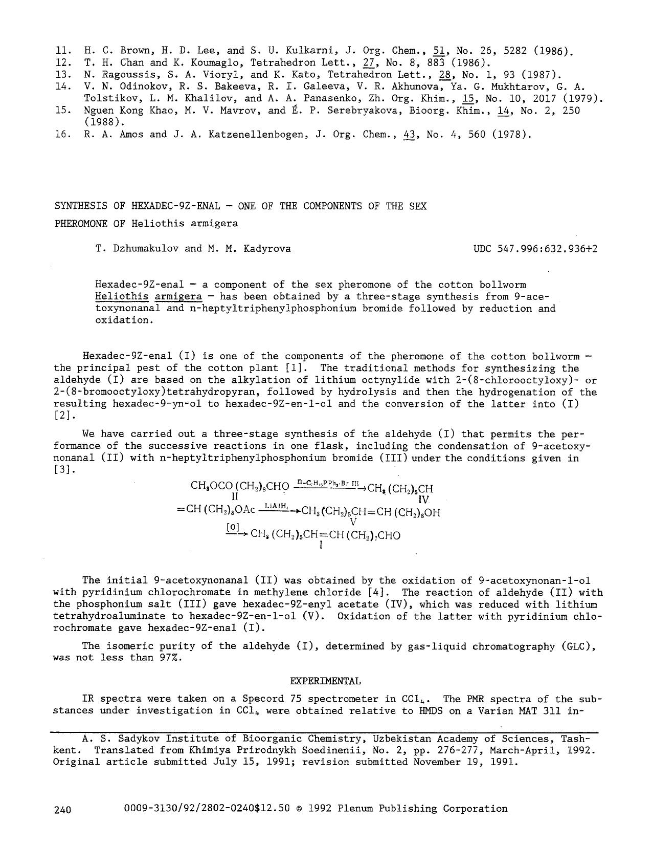 Synthesis of hexadec-9Z-enal — One of the components of the sex pheromone of Heliothis armigera by Unknown