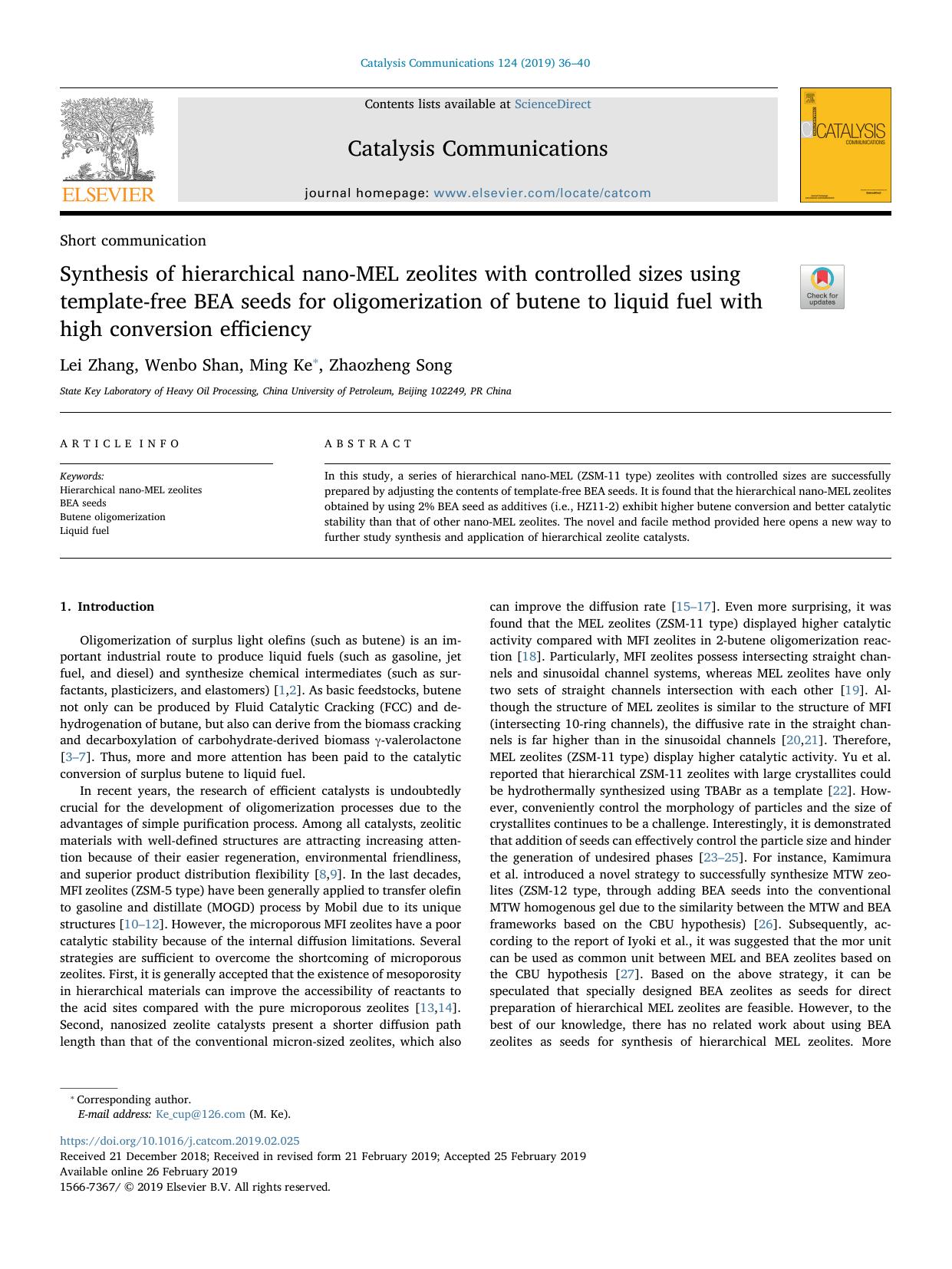 Synthesis of hierarchical nano-MEL zeolites with controlled sizes using template-free BEA seeds for oligomerization of butene to liquid fuel with high conversion efficiency by Lei Zhang & Wenbo Shan & Ming Ke & Zhaozheng Song