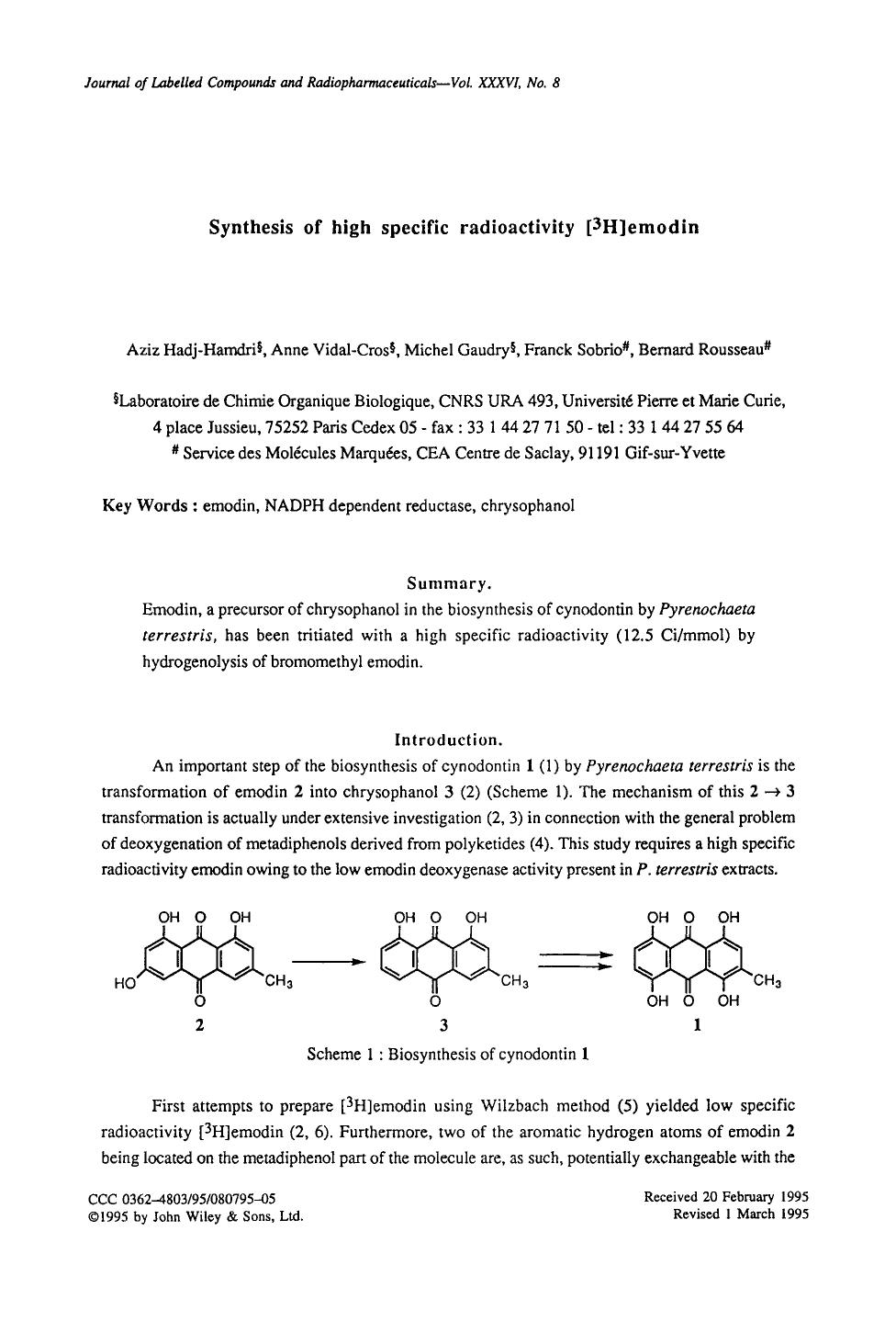 Synthesis of high specific radioactivity [3H]emodin by Unknown