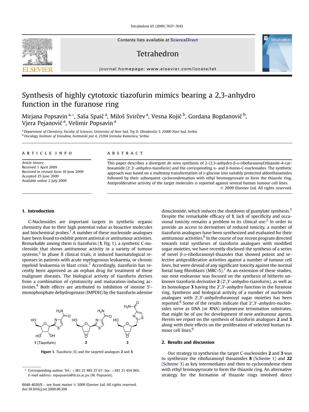 Synthesis of highly cytotoxic tiazofurin mimics bearing a 2,3-anhydro function in the furanose ring by unknow