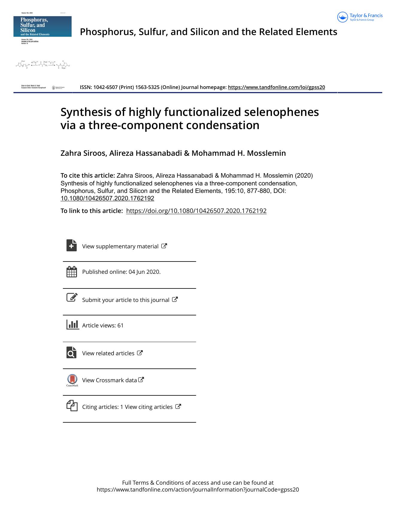 Synthesis of highly functionalized selenophenes via a three-component condensation by Siroos Zahra & Hassanabadi Alireza & Mosslemin Mohammad H
