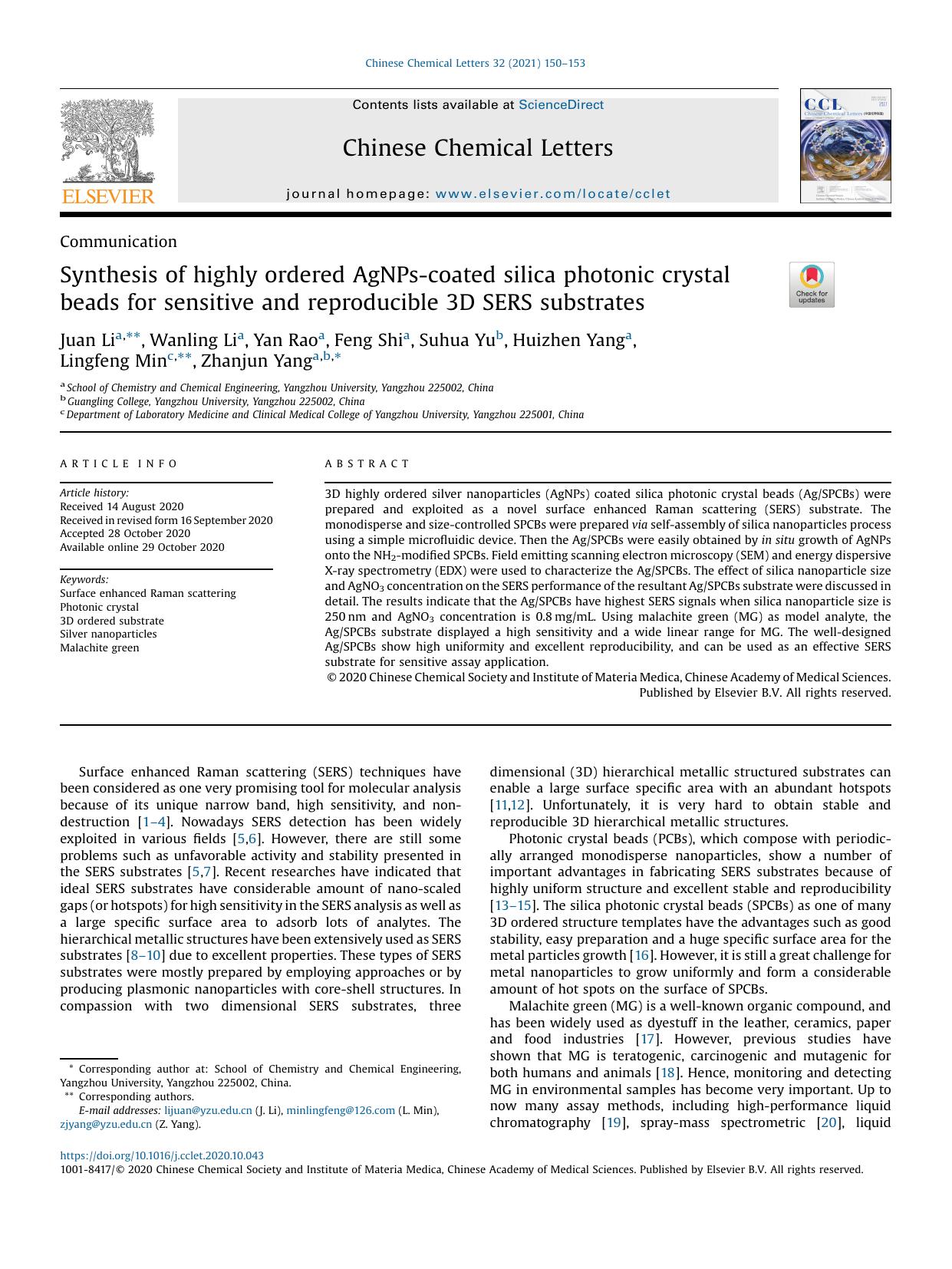 Synthesis of highly ordered AgNPs-coated silica photonic crystal beads for sensitive and reproducible 3D SERS substrates by Juan Li & Wanling Li & Yan Rao & Feng Shi & Suhua Yu & Huizhen Yang & Lingfeng Min & Zhanjun Yang