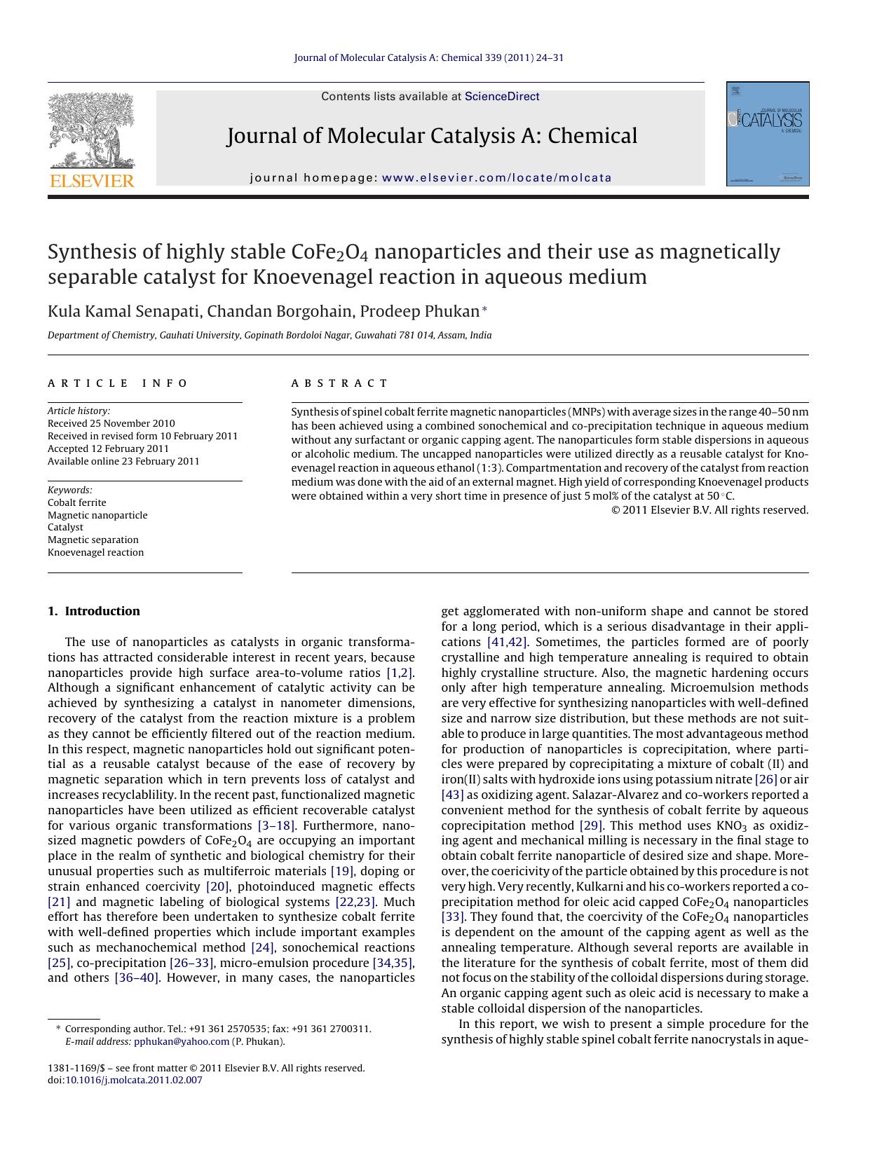 Synthesis of highly stable CoFe2O4 nanoparticles and their use as magnetically separable catalyst for Knoevenagel reaction in aqueous medium by Kula Kamal Senapati