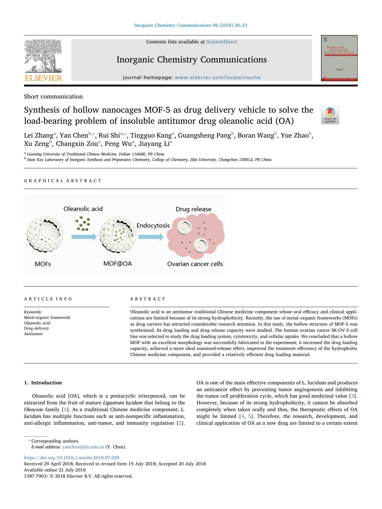 Synthesis of hollow nanocages MOF-5 as drug delivery vehicle to solve the load-bearing problem of insoluble antitumor drug oleanolic acid (OA) by unknow