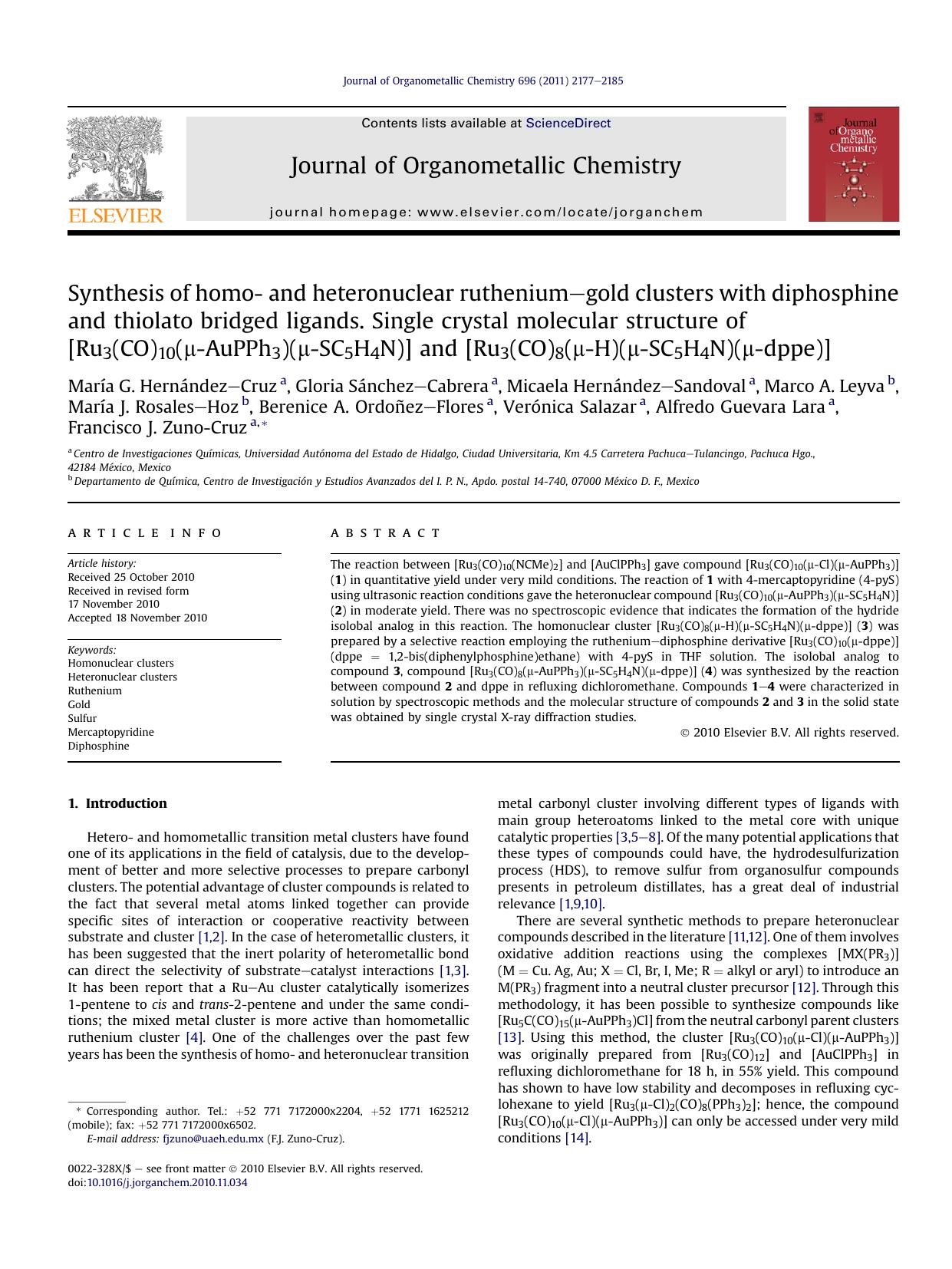 Synthesis of homo- and heteronuclear ruthenium-gold clusters with diphosphine and thiolato bridged ligands. Single crystal molecular structure of [Ru3(CO)10(&mu;-AuPPh3)(&mu;-SC5H4 by unknow