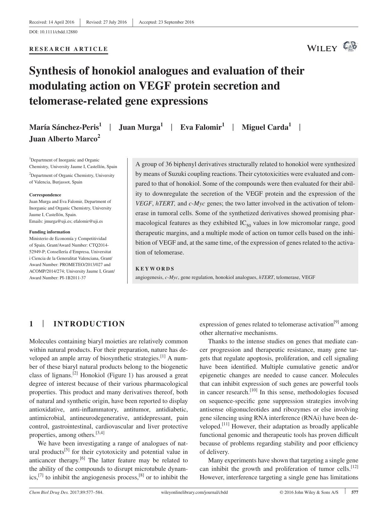 Synthesis of honokiol analogues and evaluation of their modulating action on VEGF protein secretion and telomerase‐related gene expressions by unknow