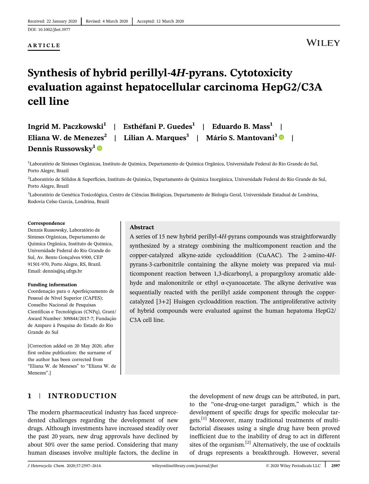 Synthesis of hybrid Perillyl-4H-Pirans. Cytotoxicity evaluation against hepatocellular carcinoma HepG2C3A cell line. by Unknown