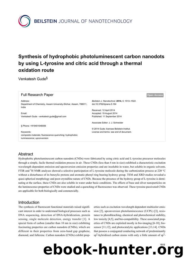 Synthesis of hydrophobic photoluminescent carbon nanodots by using L-tyrosine and citric acid through a thermal oxidation route by Venkatesh Gude