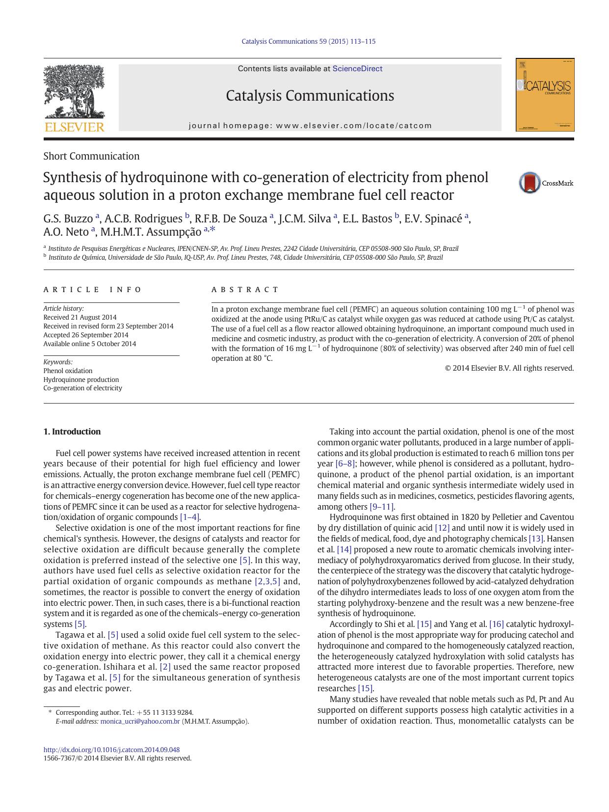 Synthesis of hydroquinone with co-generation of electricity from phenol aqueous solution in a proton exchange membrane fuel cell reactor by unknow