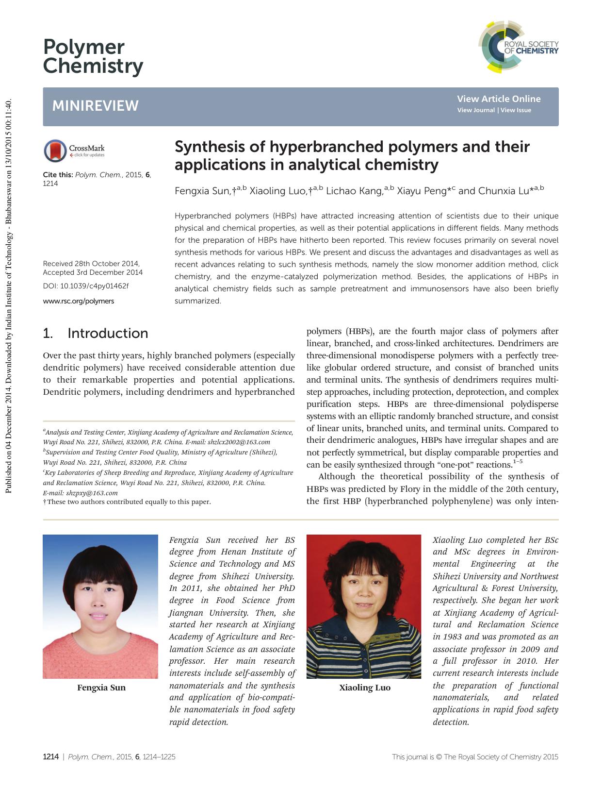 Synthesis of hyperbranched polymers and their applications in analytical chemistry by Fengxia Sun Xiaoling Luo Lichao Kang Xiayu Peng Chunxia Lu