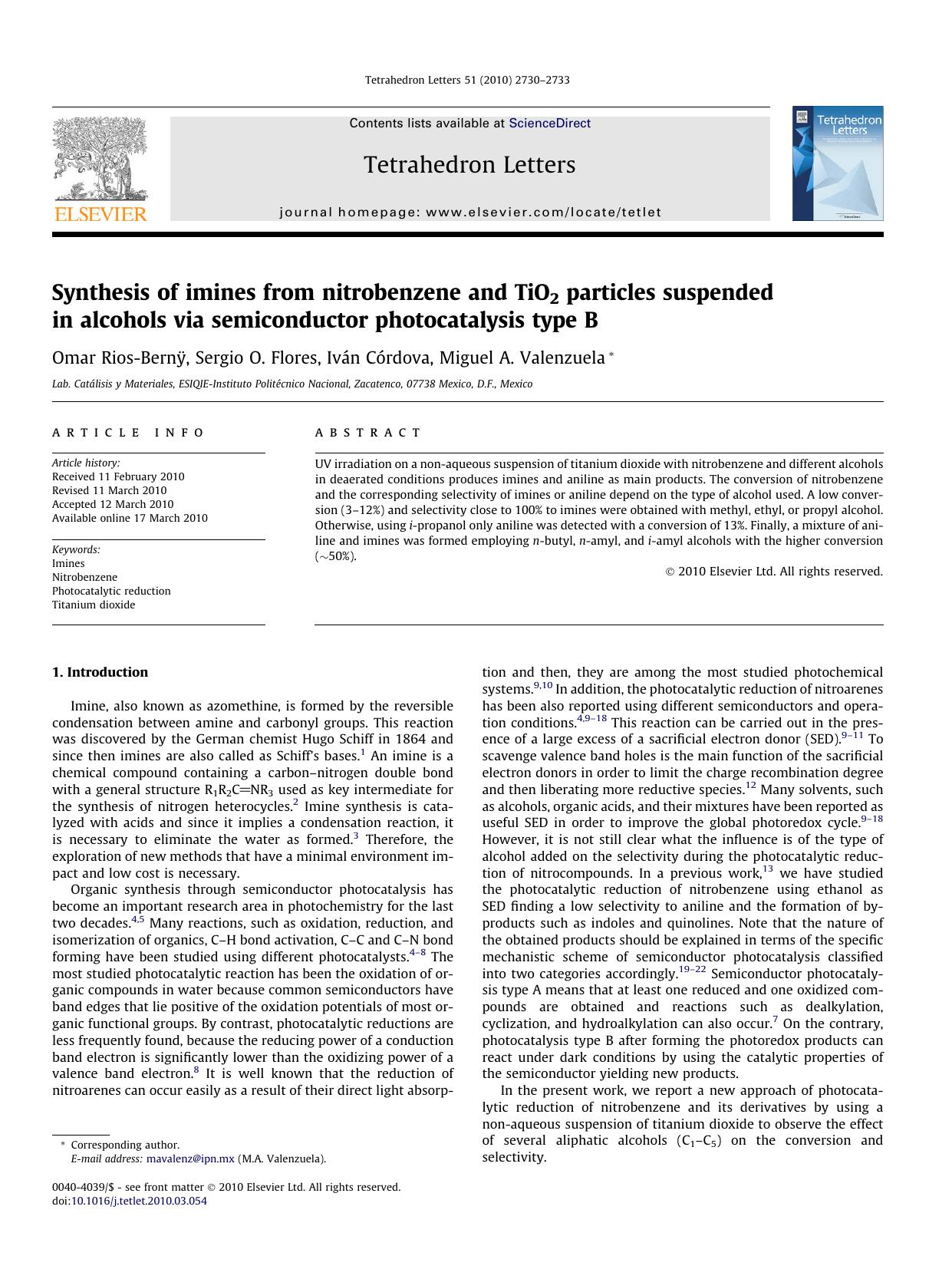 Synthesis of imines from nitrobenzene and TiO2 particles suspended in alcohols via semiconductor photocatalysis type B by Omar Rios-Bernÿ; Sergio O. Flores; Iván Córdova; Miguel A. Valenzuela