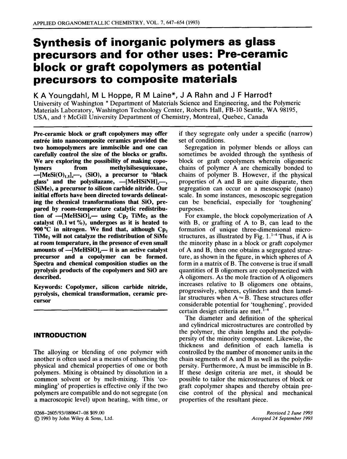 Synthesis of inorganic polymers as glass precursors and for other uses: Pre-ceramic block or graft copolymers as potential precursors to composite materials by Unknown