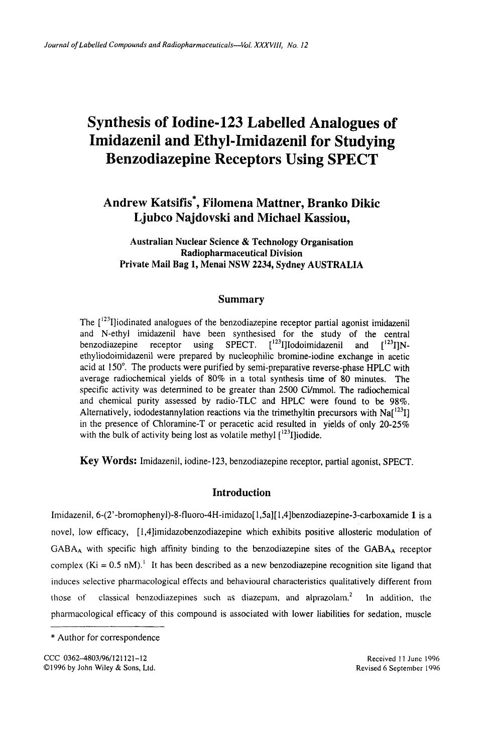 Synthesis of iodine-123 labelled analogues of imidazenil and ethyl-imidazenil for studying benzodiazepine receptors using SPECT by Unknown