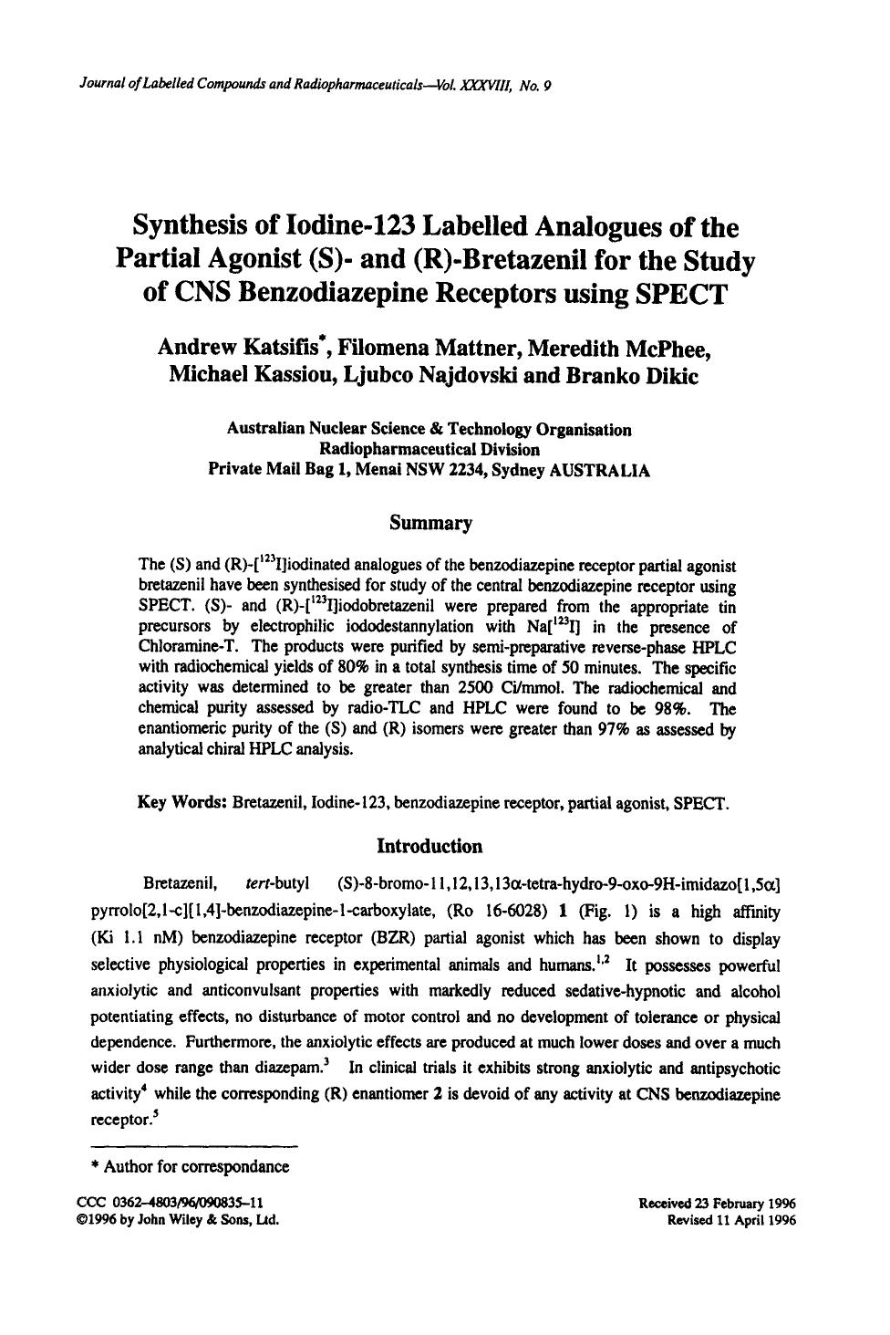 Synthesis of iodine-123 labelled analogues of the partial agonist (S)- and (R)-bretazenil for the study of CNS benzodiazepine receptors using SPECT by Unknown