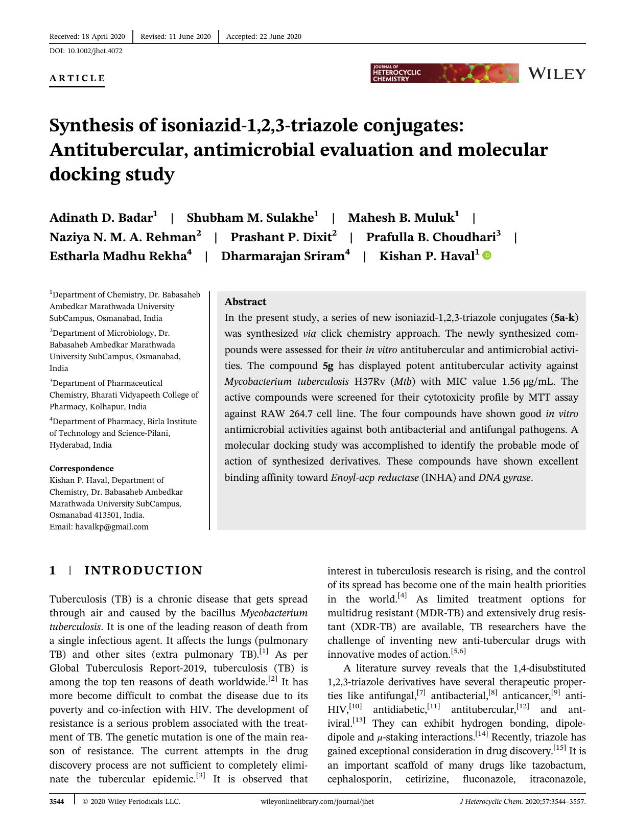Synthesis of isoniazid-1,2,3-triazole conjugates: Antitubercular, antimicrobial evaluation and molecular docking study by Unknown