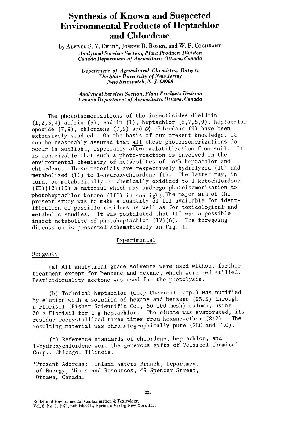 Synthesis of known and suspected environmental products of heptachlor and chlordene by Unknown