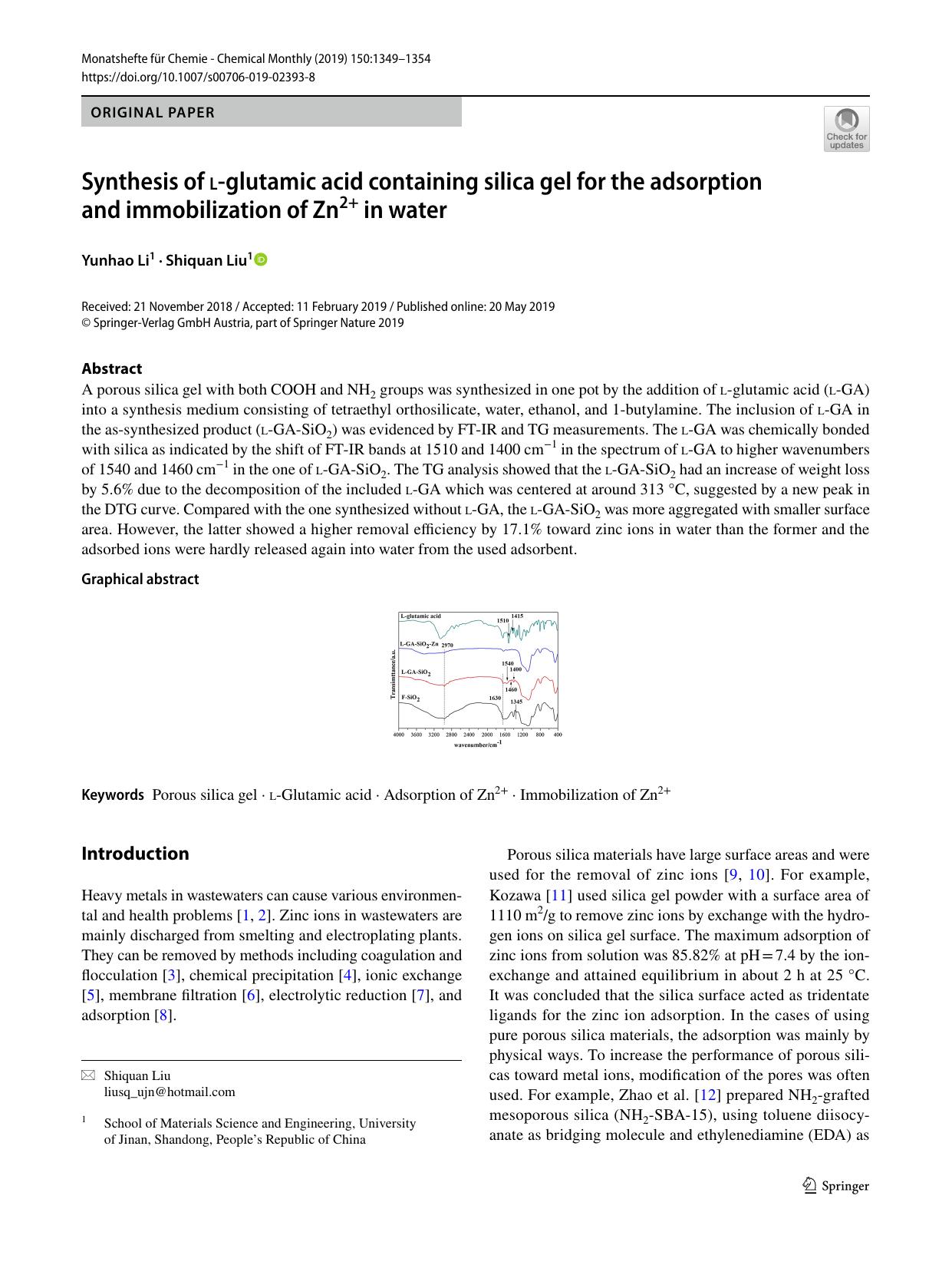 Synthesis of l-glutamic acid containing silica gel for the adsorption and immobilization of Zn2+ in water by Yunhao Li & Shiquan Liu