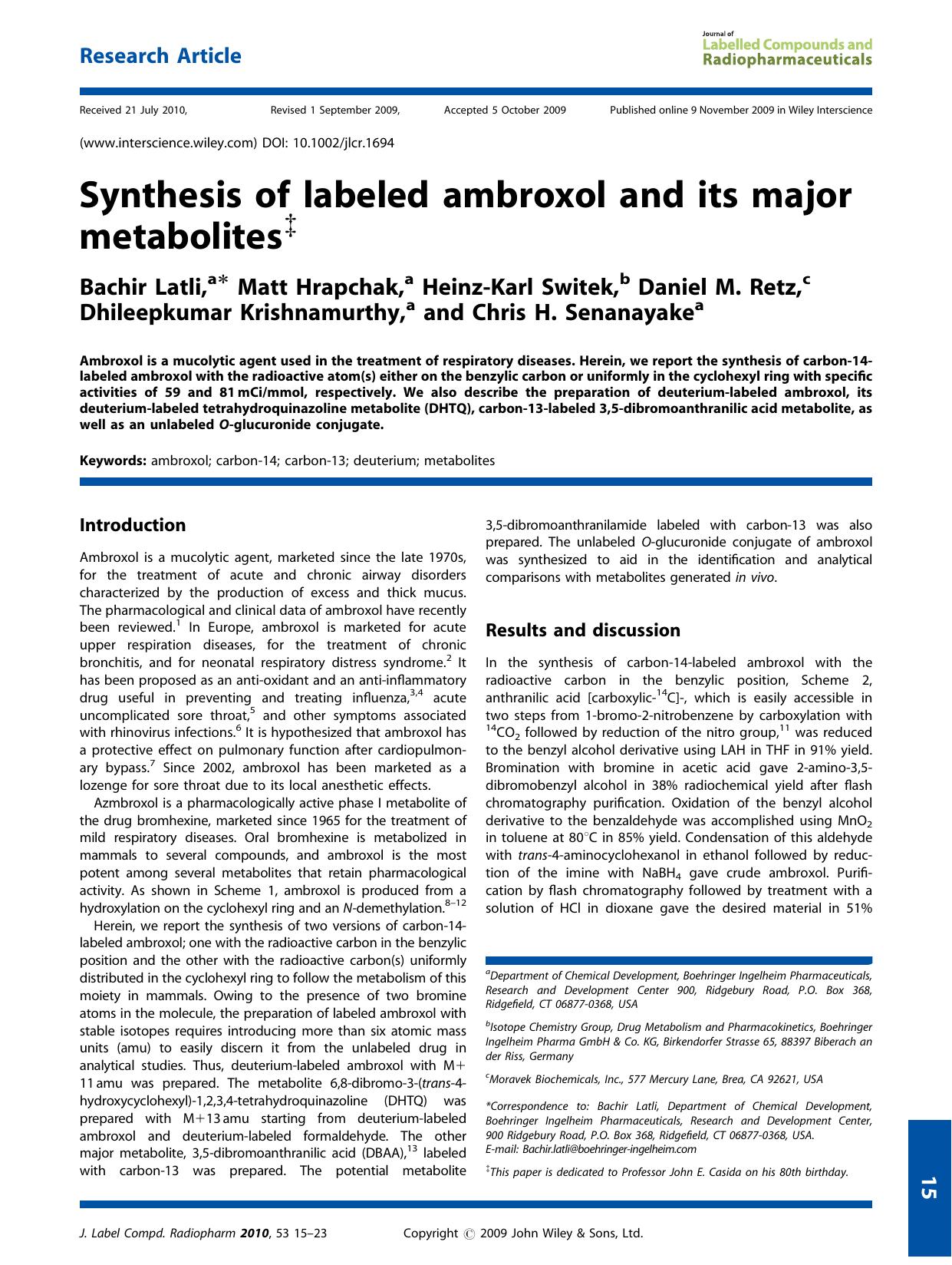 Synthesis of labeled ambroxol and its major metabolites by Unknown