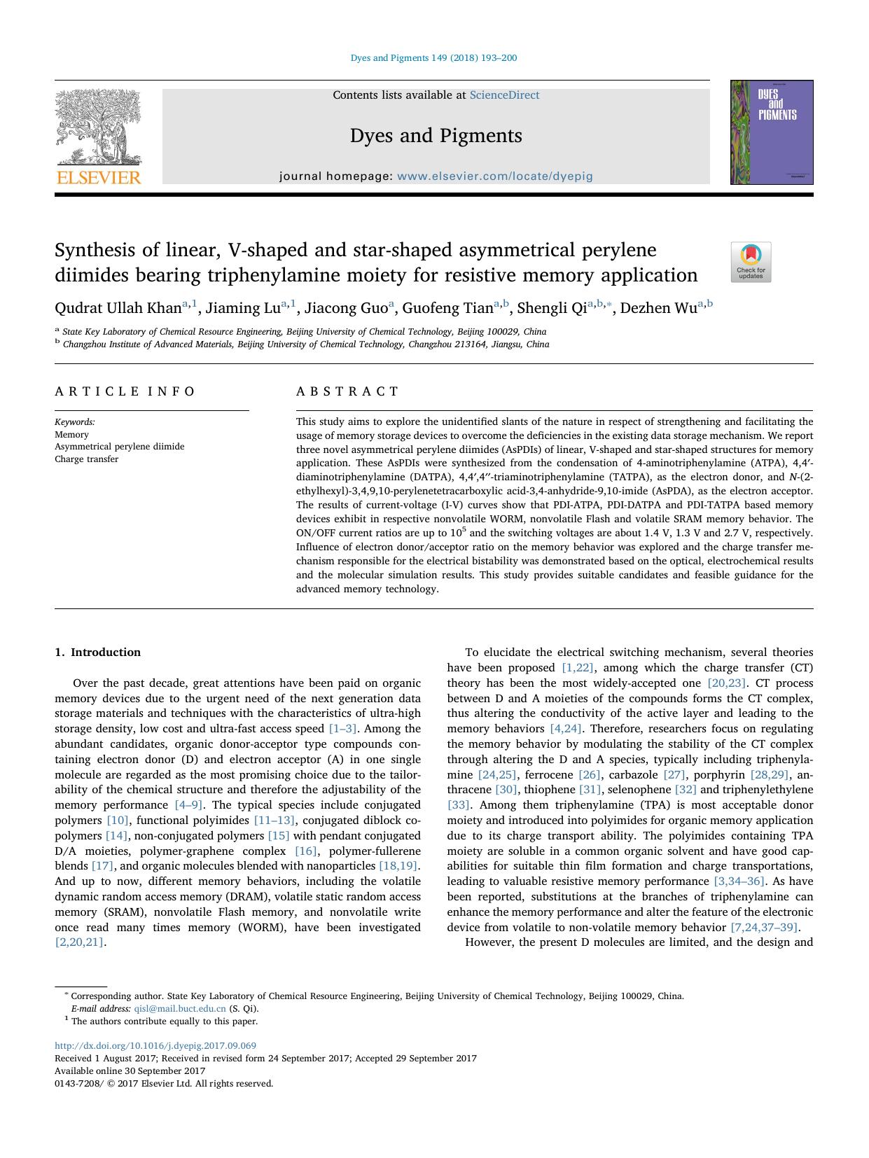 Synthesis of linear, V-shaped and star-shaped asymmetrical perylene diimides bearing triphenylamine moiety for resistive memory application by Qudrat Ullah Khan & Jiaming Lu & Jiacong Guo & Guofeng Tian & Shengli Qi & Dezhen Wu