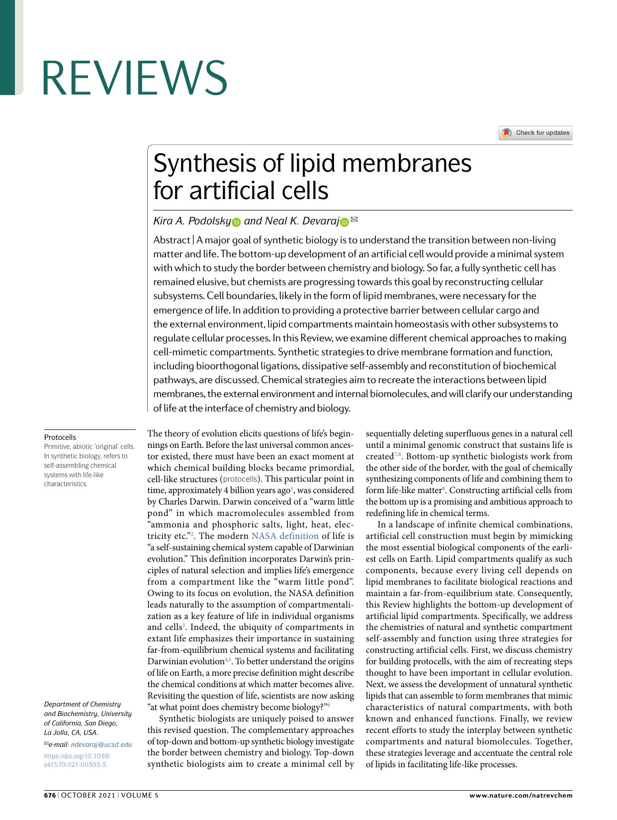 Synthesis of lipid membranes for artificial cells by Kira A. Podolsky & Neal K. Devaraj