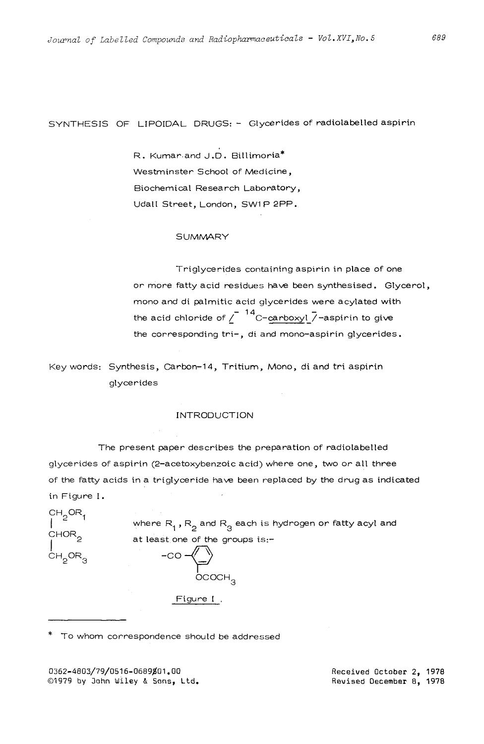 Synthesis of lipoidal drugs: - Glycerides of radiolabelled aspirin by Unknown
