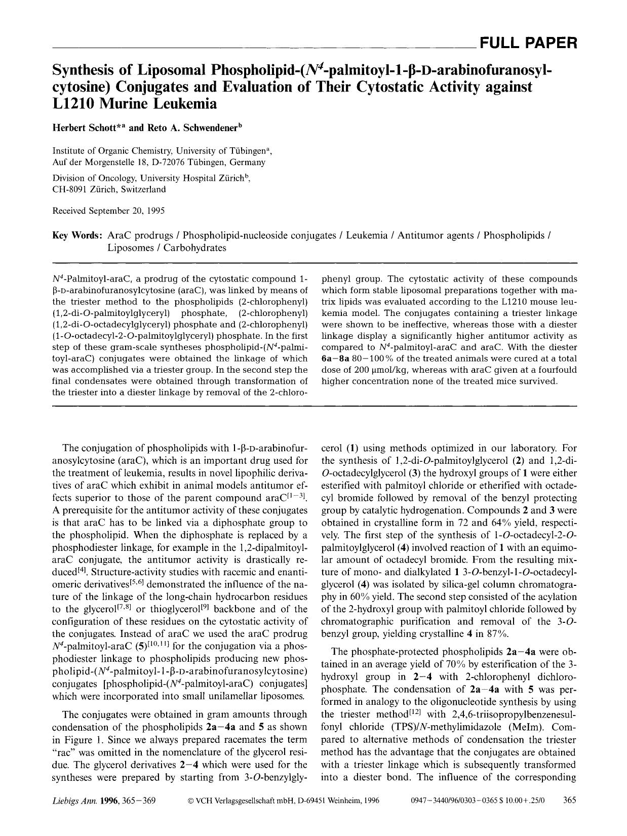 Synthesis of liposomal phospholipid-(N4-palmitoyl-1-[beta]-D-arabinofuranosylcytosine) conjugates and evaluation of their cytostatic activity against l1210 murine leukemia by Unknown