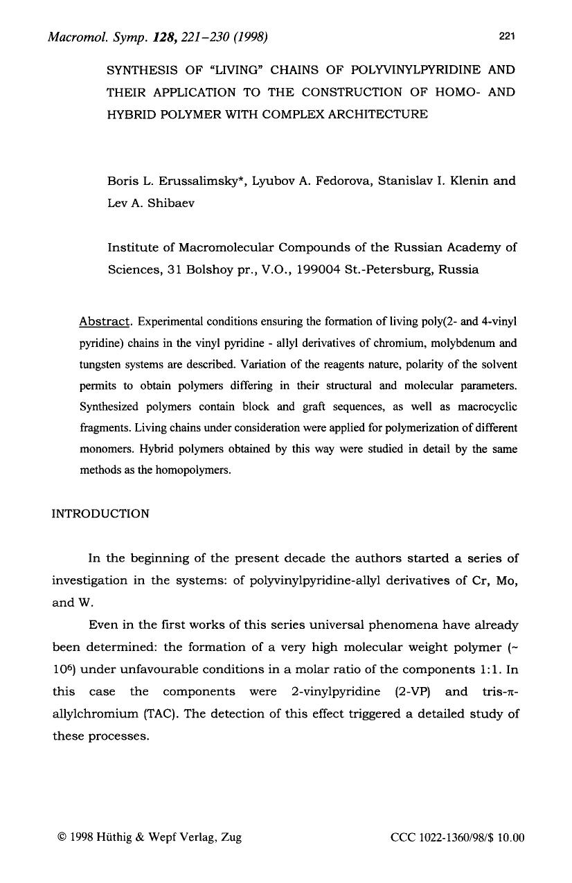 Synthesis of living chains of polyvinylpyridine and their application to the construction of homo and hybrid polymer with complex architecture by Unknown