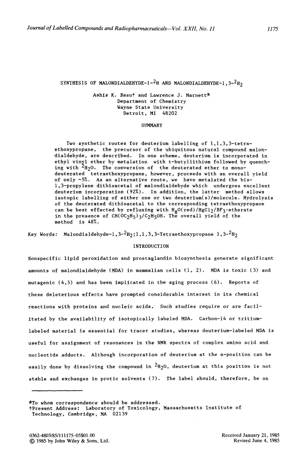 Synthesis of malondialdehyde-1-2H and malondialdehyde-1,3-2H2 by Unknown