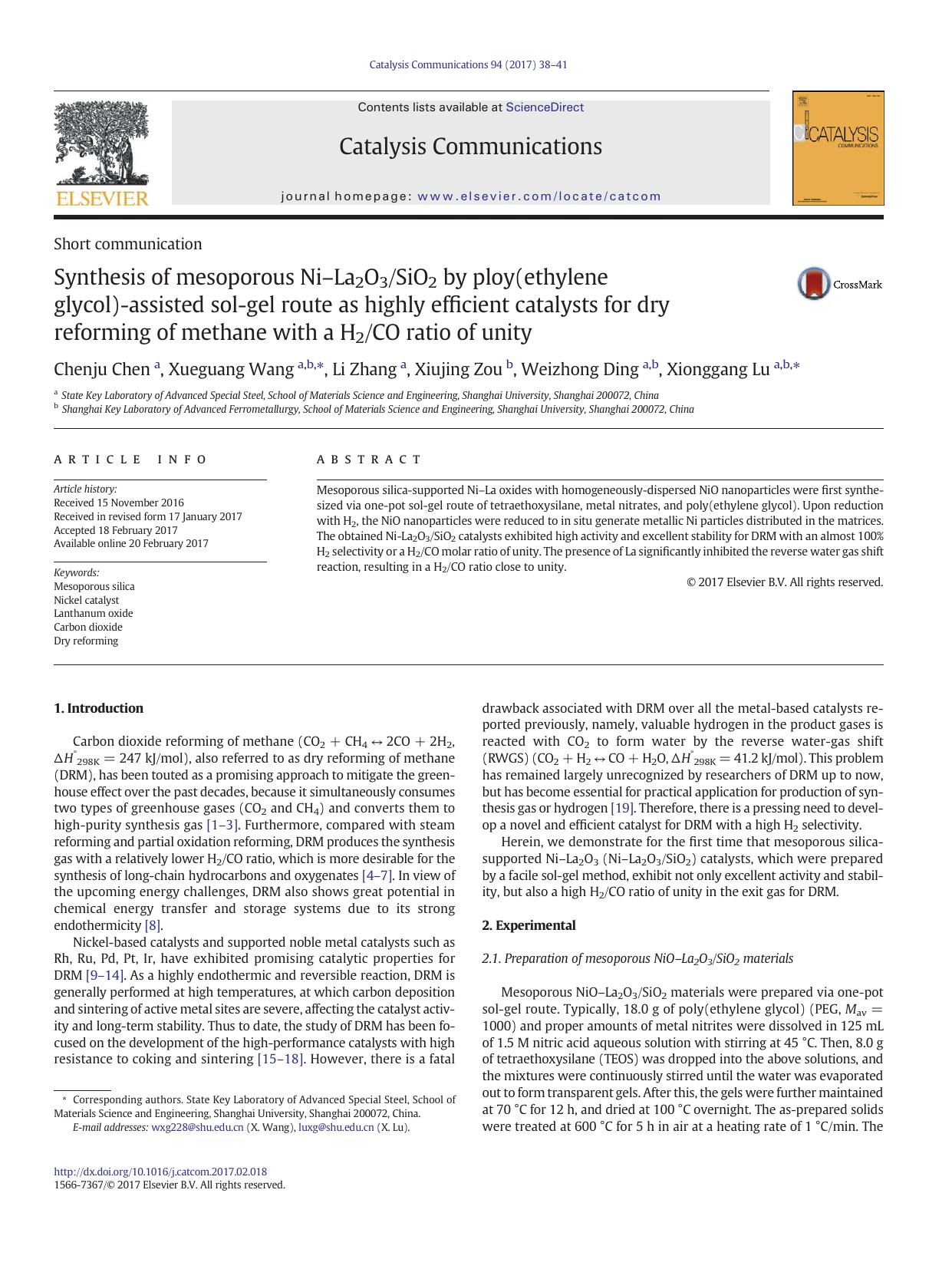 Synthesis of mesoporous Ni-La2O3SiO2 by ploy(ethylene glycol)-assisted sol-gel route as highly efficient catalysts for dry reforming of methane with a H2CO ratio of unity by Chenju Chen & Xueguang Wang & Li Zhang & Xiujing Zou & Weizhong Ding & Xionggang Lu