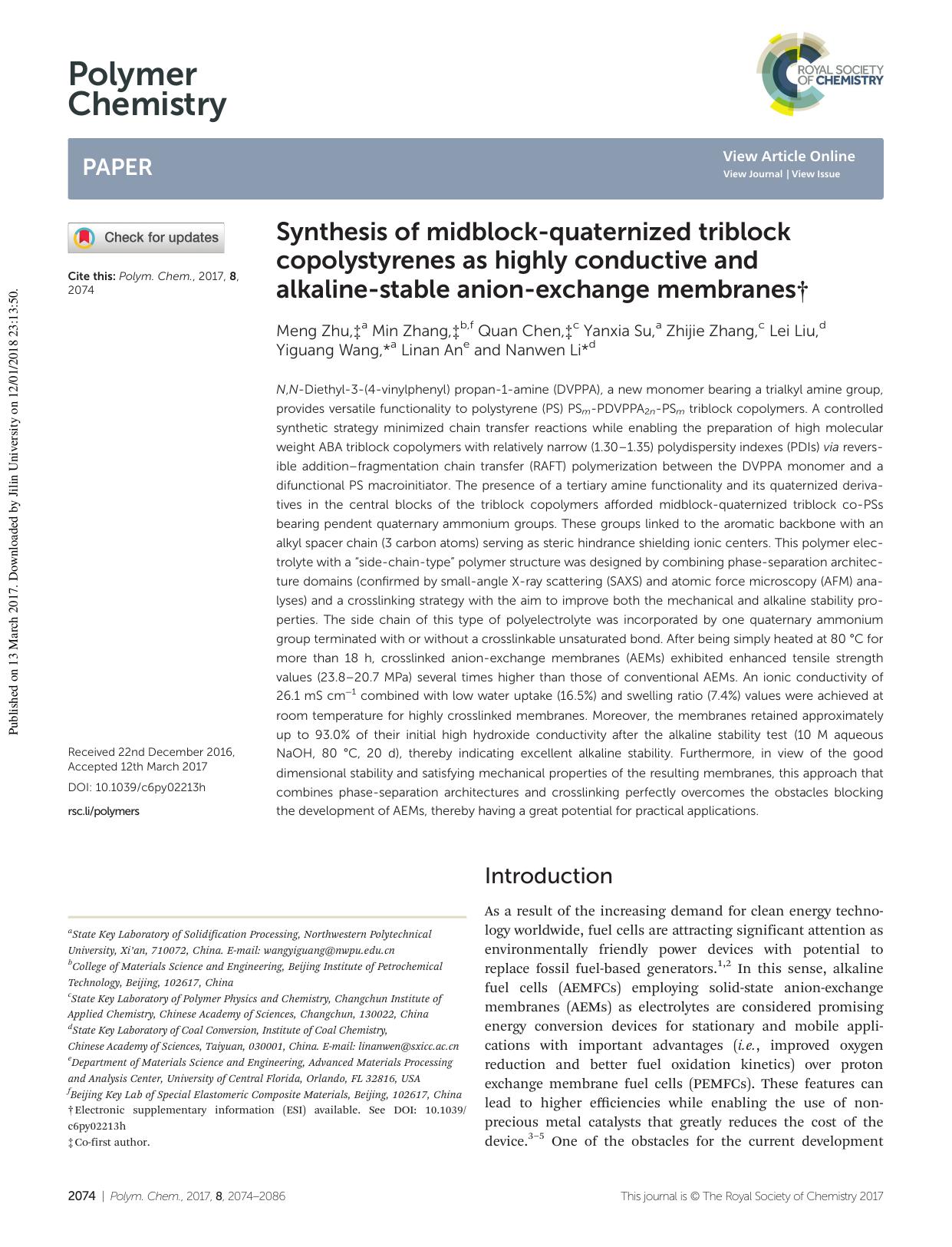 Synthesis of midblock-quaternized triblock copolystyrenes as highly conductive and alkaline-stable anion-exchange membranes by Meng Zhu Min Zhang Quan Chen Yanxia Su Zhijie Zhang Lei Liu Yiguang Wang Linan An Nanwen Li