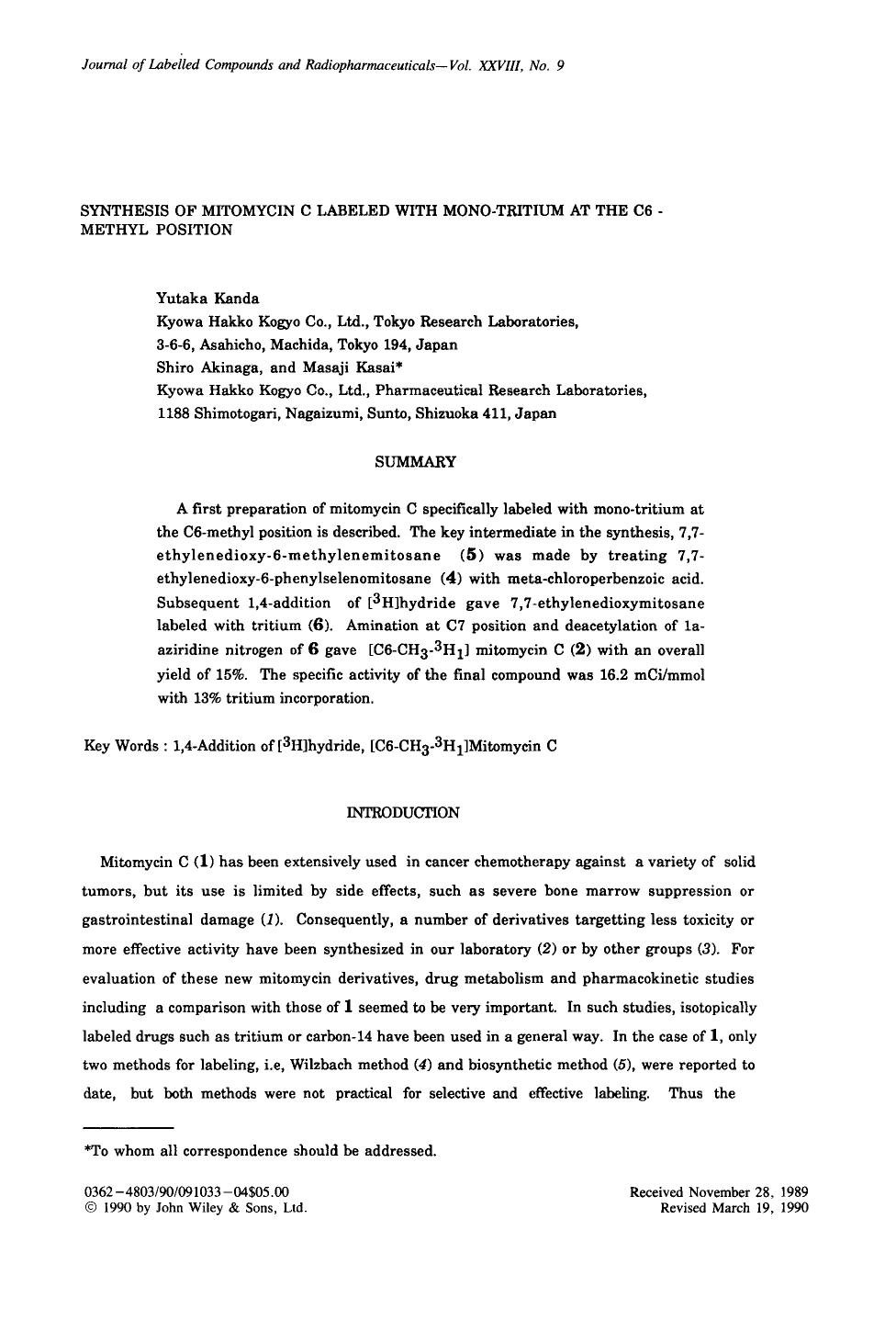 Synthesis of mitomycin C labeled with mono-tritium at the C6 - methyl position by Unknown