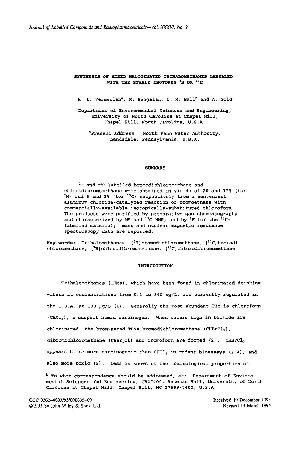 Synthesis of mixed halogenated trihalomethanes labelled with the stable isotopes 2H or 13C by Unknown