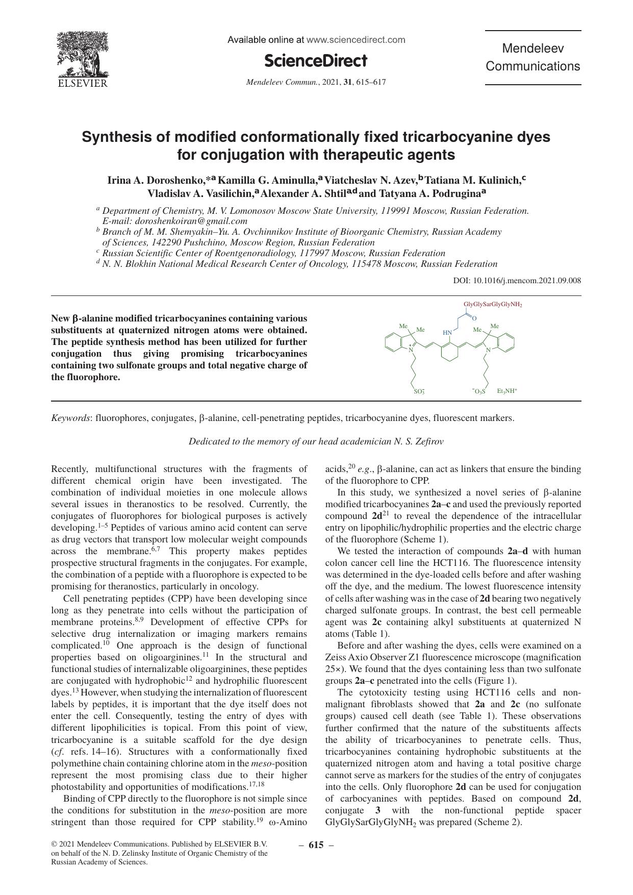 Synthesis of modified conformationally fixed tricarbocyanine dyes for conjugation with therapeutic agents by unknow