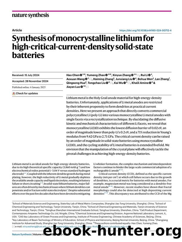 Synthesis of monocrystalline lithium for high-critical-current-density solid-state batteries by unknow
