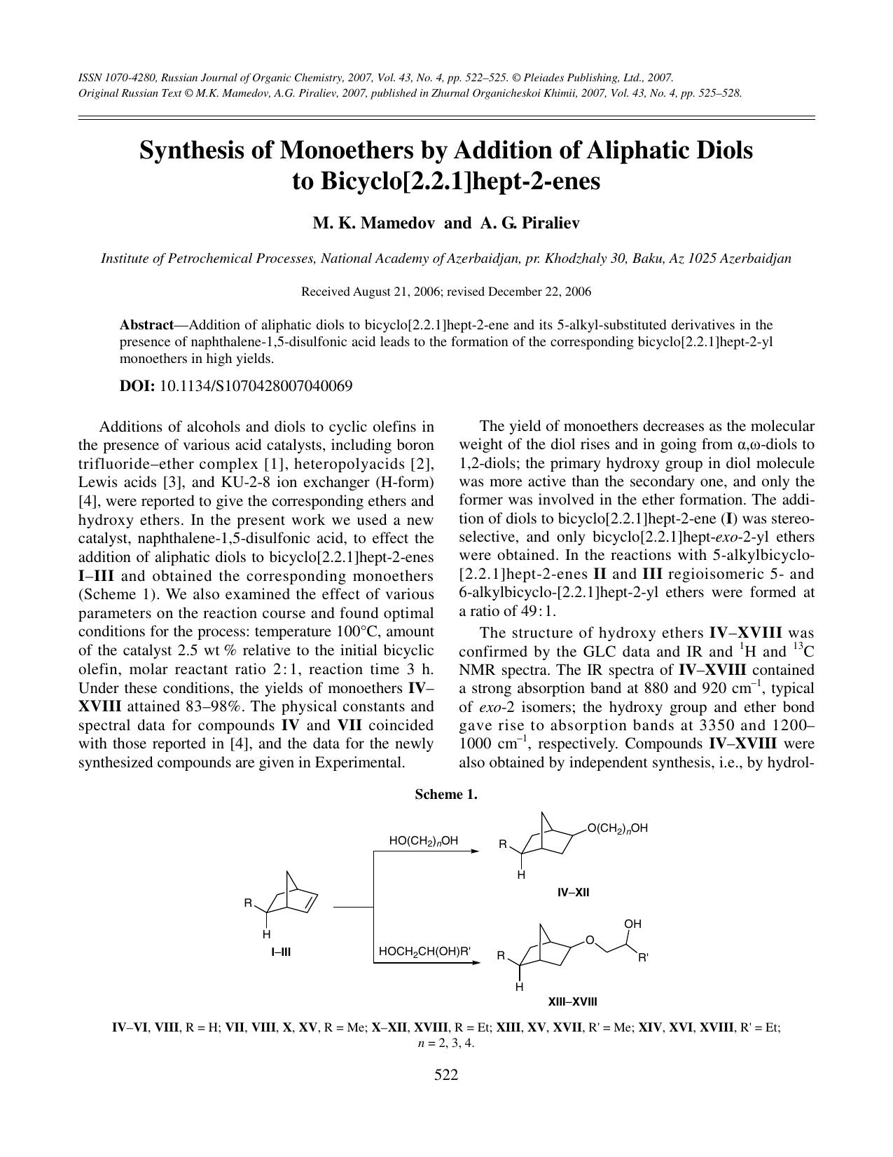 Synthesis of monoethers by addition of aliphatic diols to bicyclo[2.2.1]hept-2-enes by Unknown