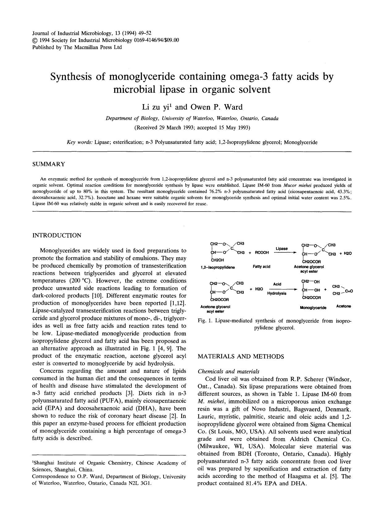 Synthesis of monoglyceride containing omega-3 fatty acids by microbial lipase in organic solvent by Unknown