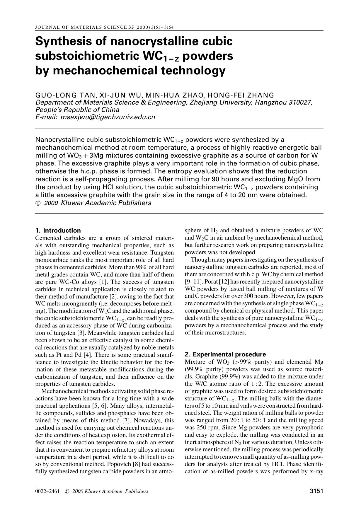 Synthesis of nanocrystalline cubic substoichiometric WC1 − z powders by mechanochemical technology by Unknown