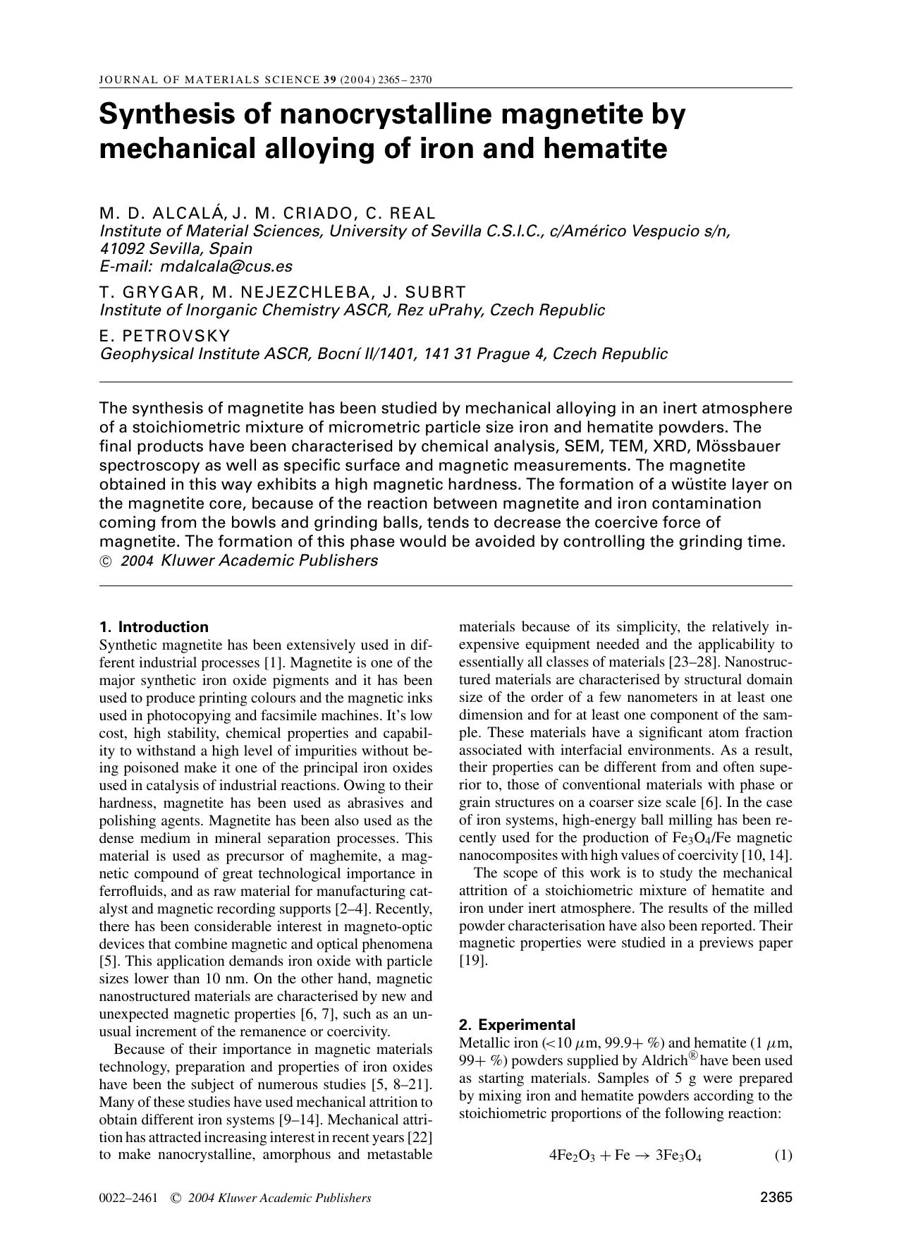Synthesis of nanocrystalline magnetite by mechanical alloying of iron and hematite by Unknown