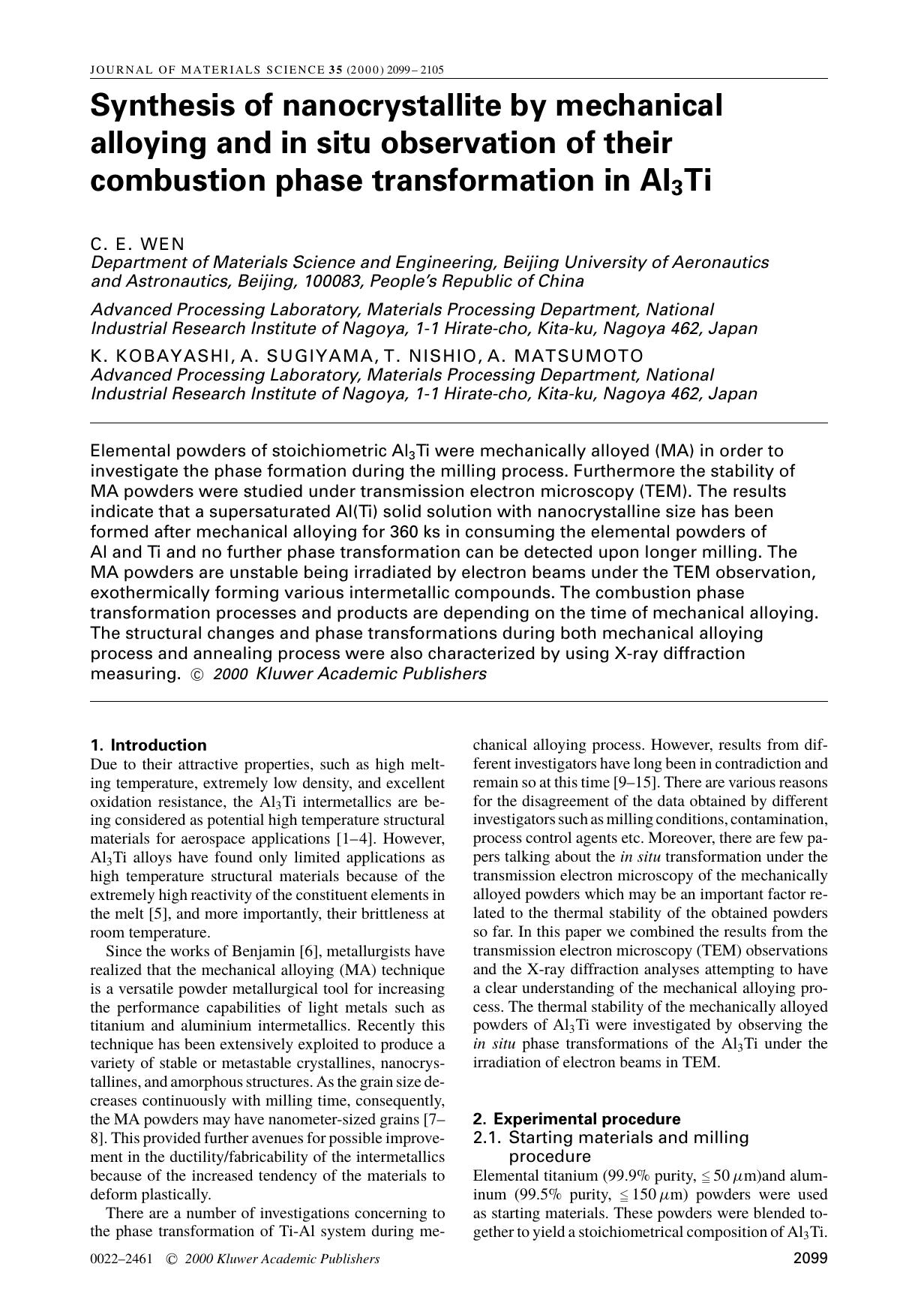 Synthesis of nanocrystallite by mechanical alloying and in situ observation of their combustion phase transformation in Al3Ti by Unknown