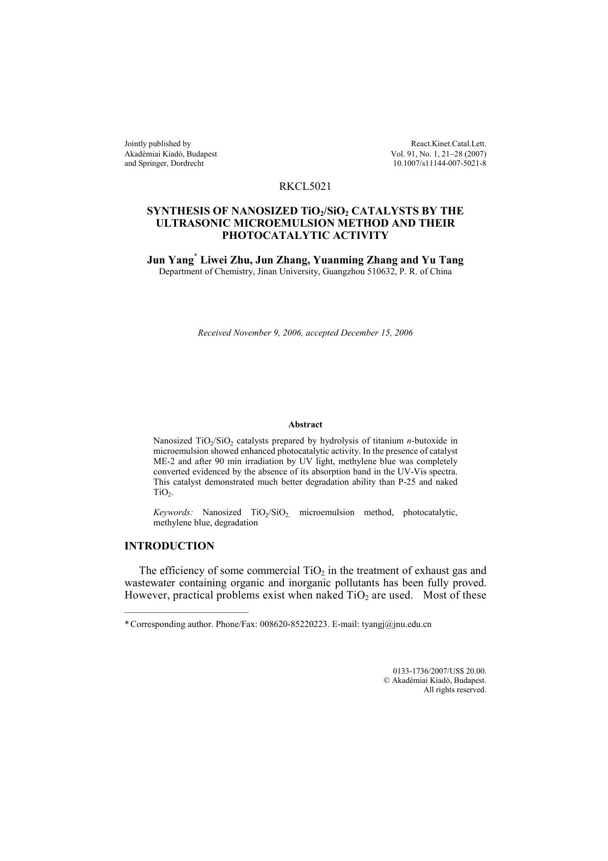 Synthesis of nanosized TiO<Subscript>2<Subscript>SiO<Subscript>2<Subscript> catalysts by the ultrasonic microemulsion method and their photocatalytic activity by Unknown