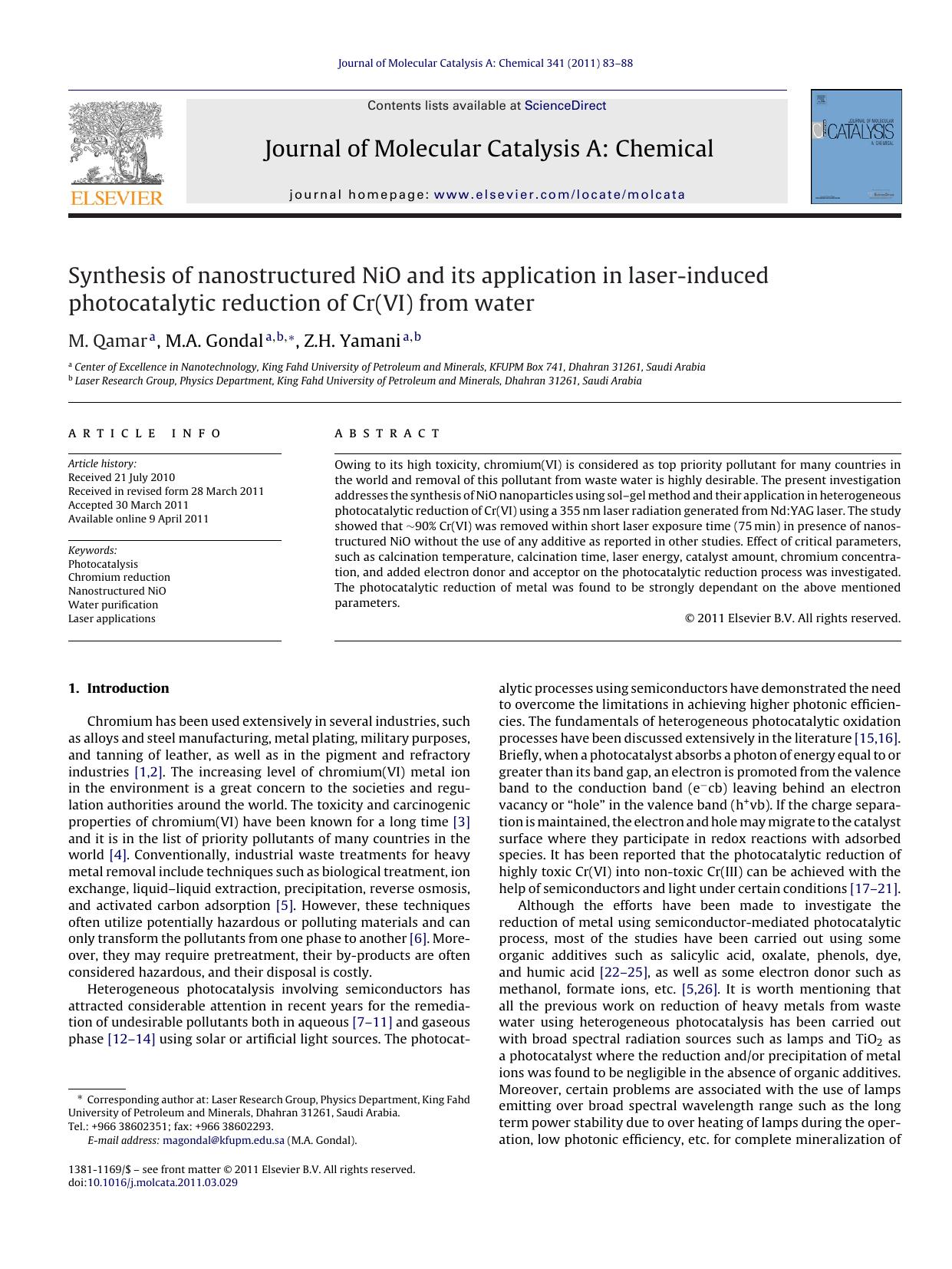 Synthesis of nanostructured NiO and its application in laser-induced photocatalytic reduction of Cr(VI) from water by M. Qamar