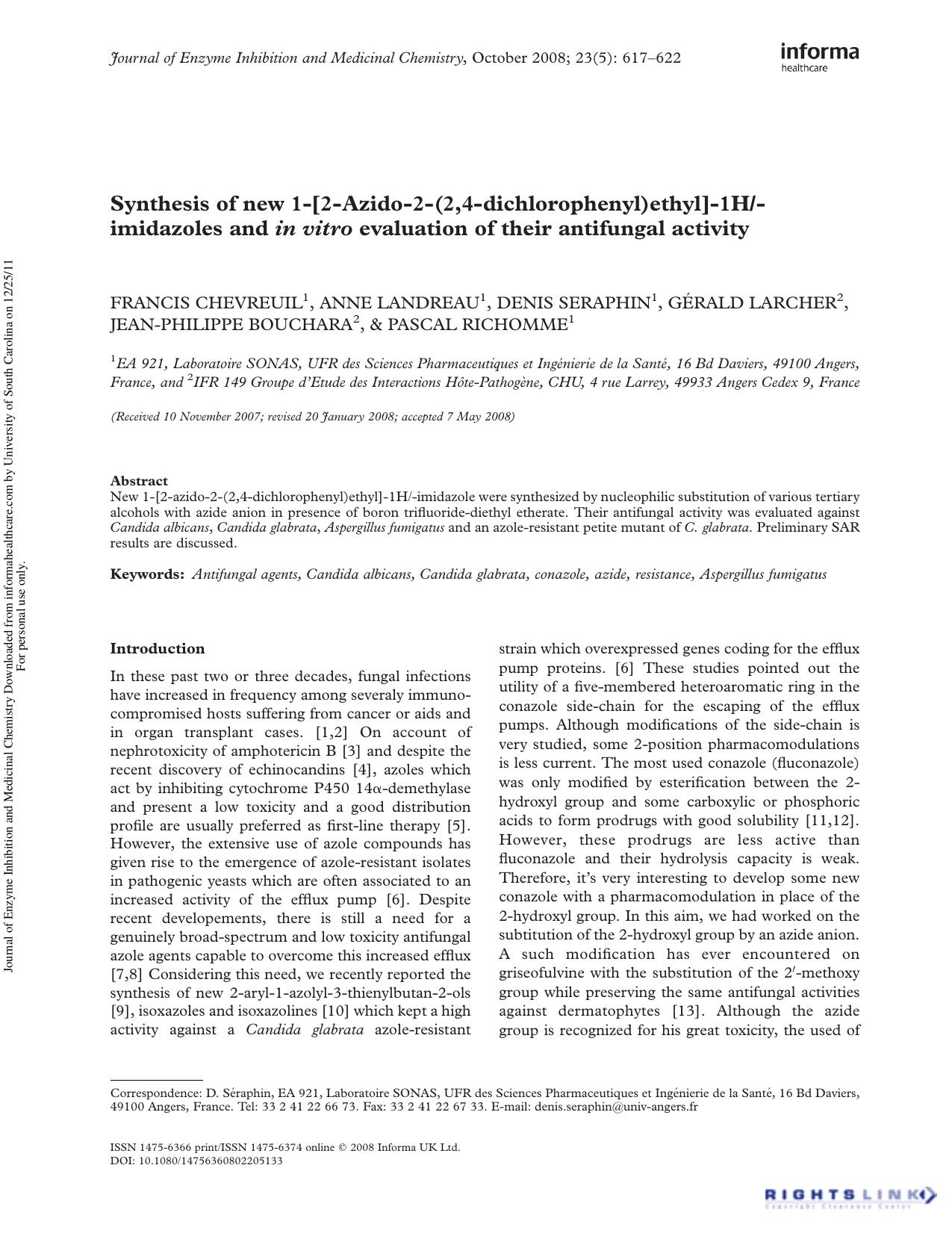 Synthesis of new 1-[2-Azido-2-(2,4-dichlorophenyl)ethyl]-1H-imidazoles and in vitro evaluation of their antifungal activity by unknow